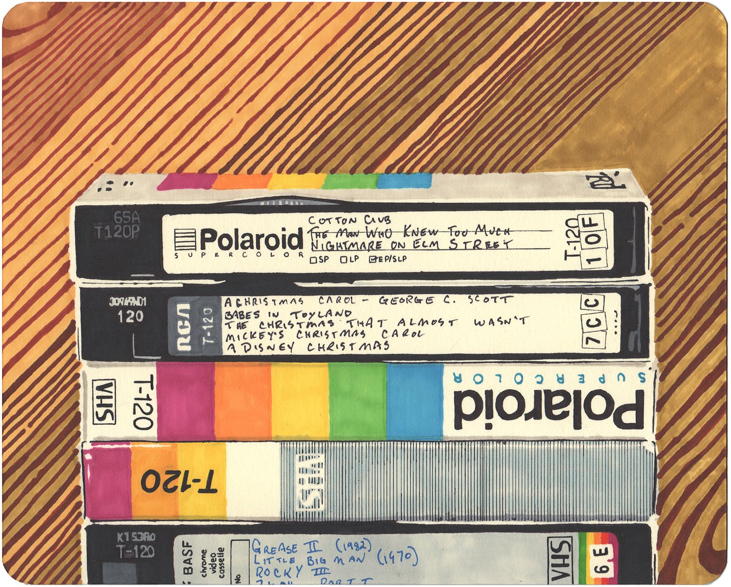 ermanent marker drawing of stacked VHS tape spines with handwritten movie titles and colorful packaging on a striped wood-grain background.