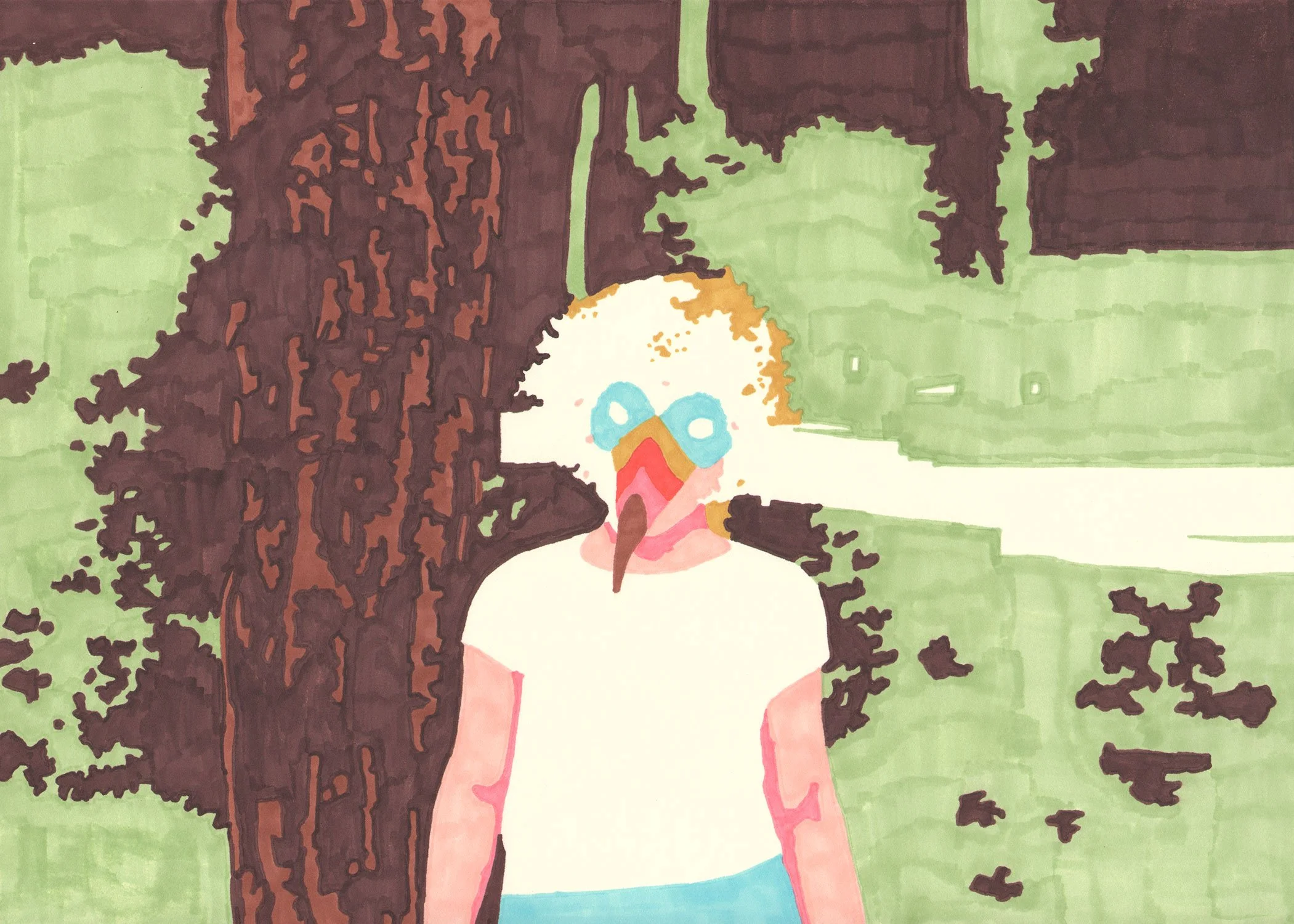 Permanent marker drawing of a simplified figure standing beside a tree, with the face replaced by the colorful features of the Toucan Sam character.