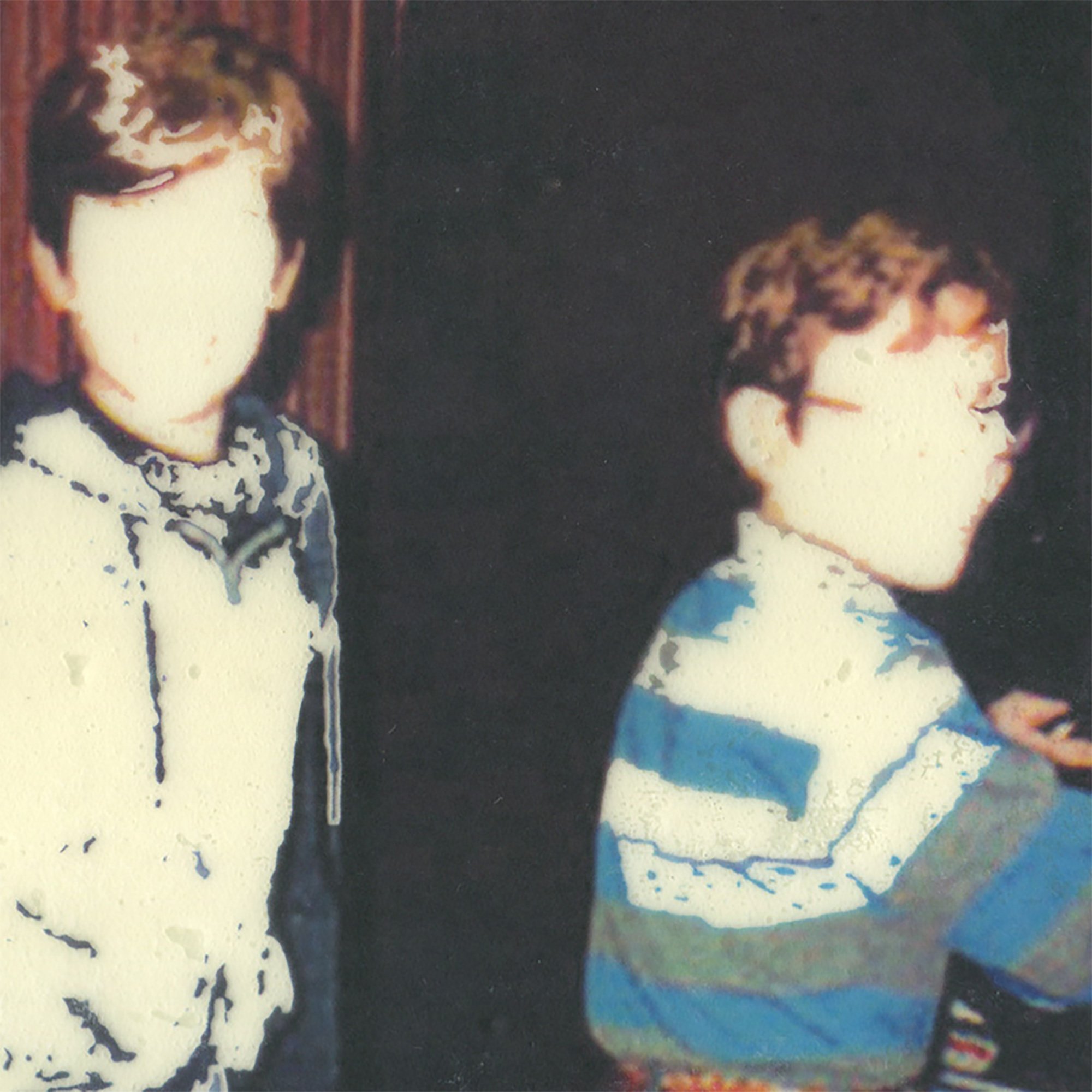 Detail of the pigment transfer showing two children in an arcade, with their facial features partially erased.