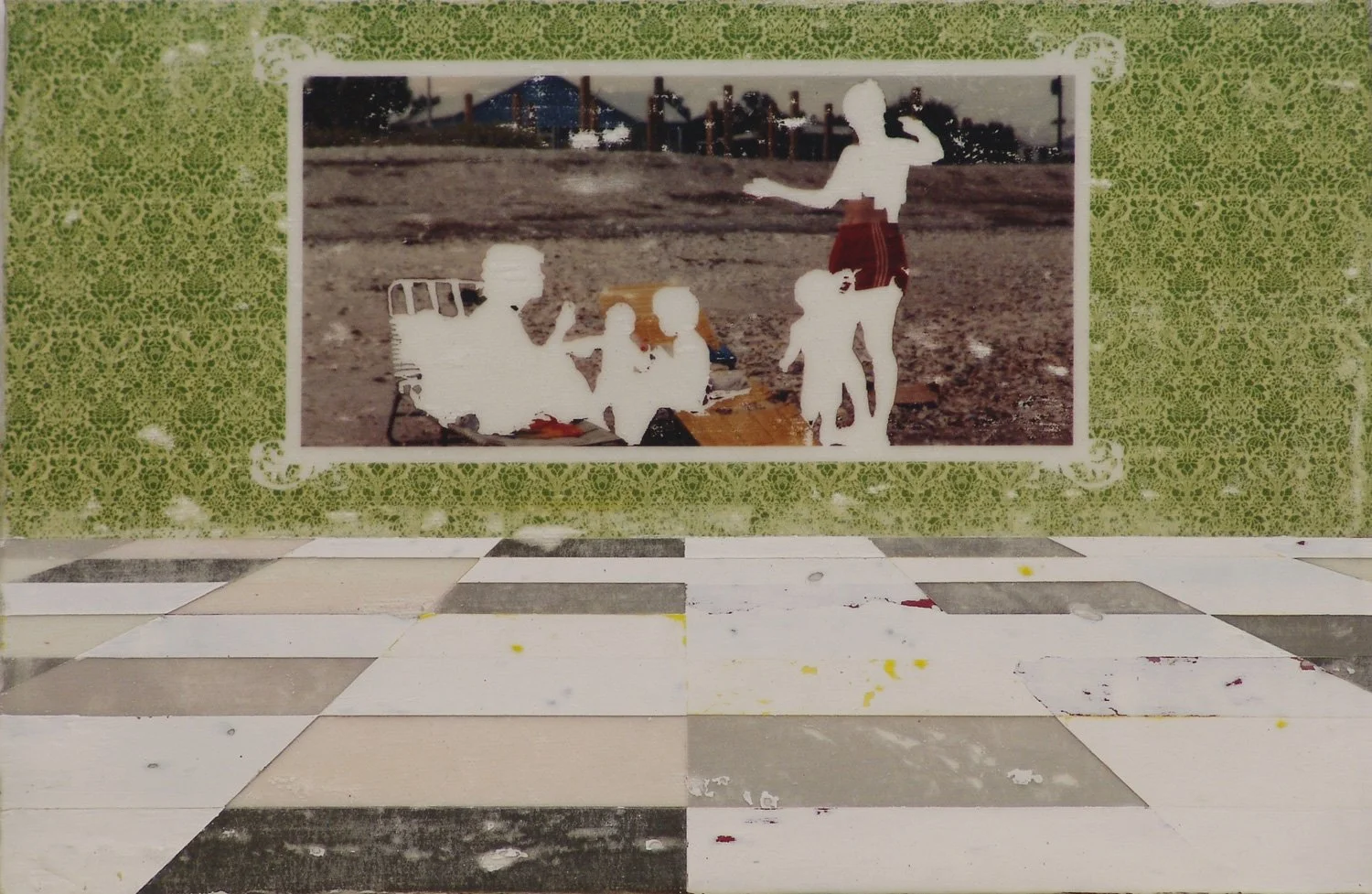 Hollis Brown Thornton painting of an empty interior with green patterned wallpaper, a worn tiled floor, and a large family photograph with figures partially erased in white.