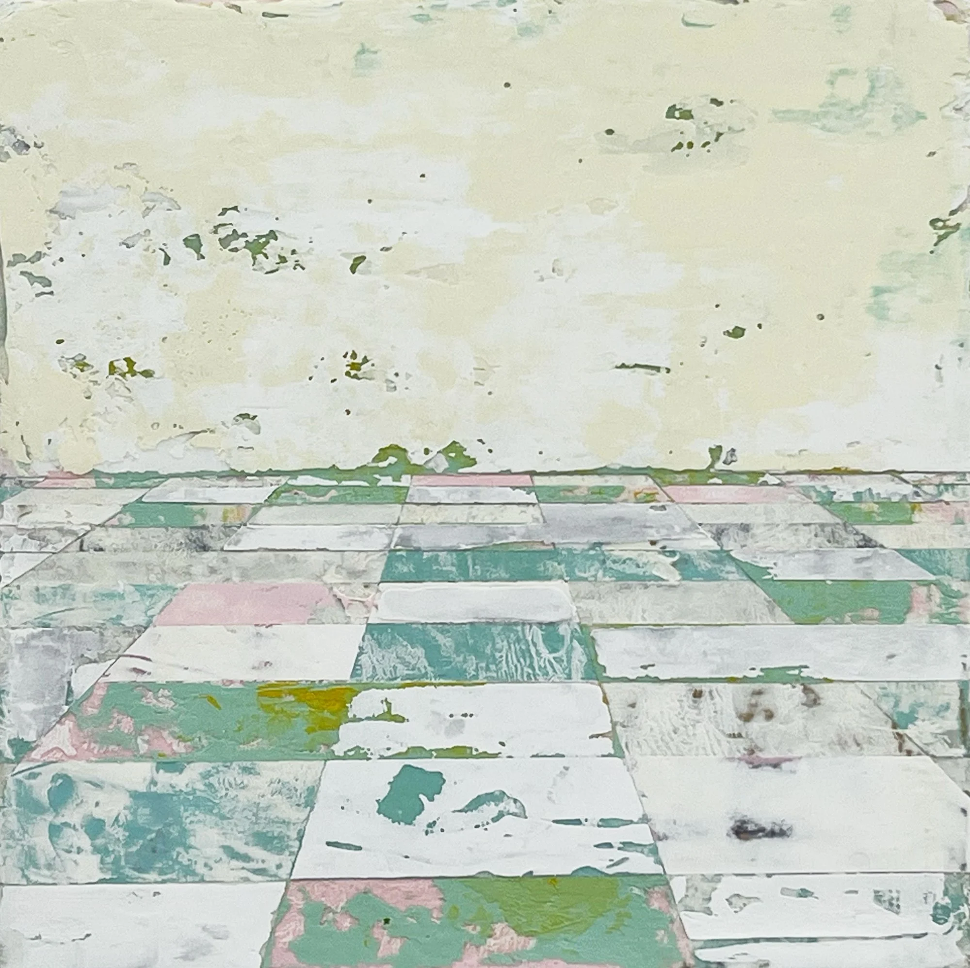 Hollis Brown Thornton painting of an empty interior with a worn checkerboard floor extending toward a pale, partially erased wall.