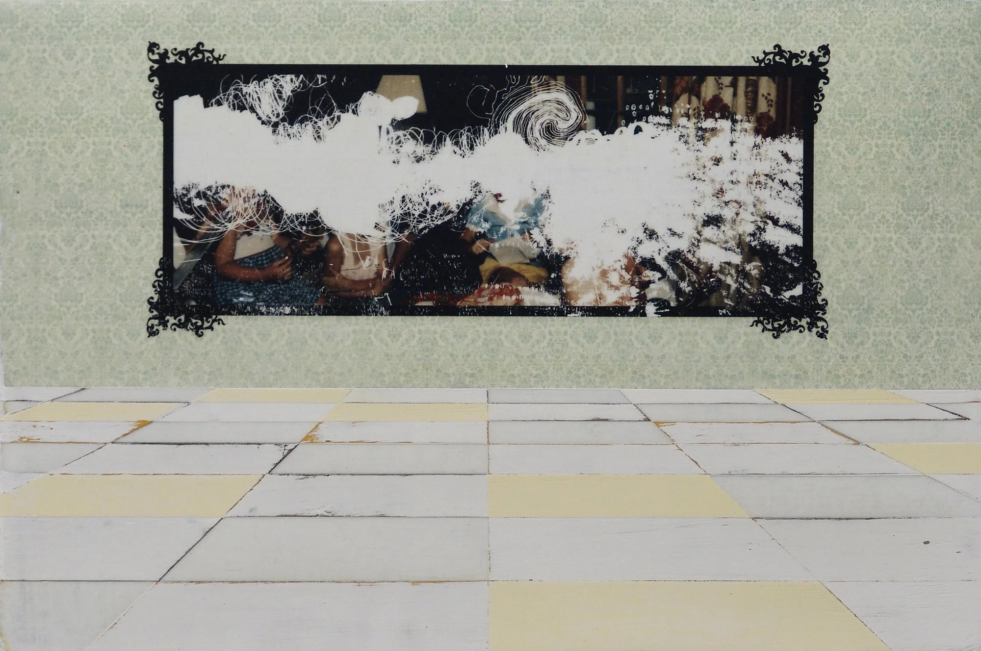  Pinwände und Elektrizität Auf dem Rücken der Riesenschildkröte  — acrylic, pigment transfer on canvas, 10 x 15 inches, 2008