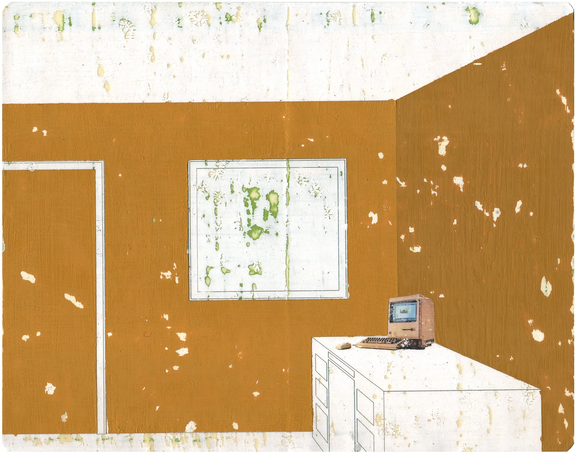 Hollis Brown Thornton painting of an empty brown interior with distressed walls, a vintage Macintosh computer on a white desk, and a blank framed image centered on the wall.
