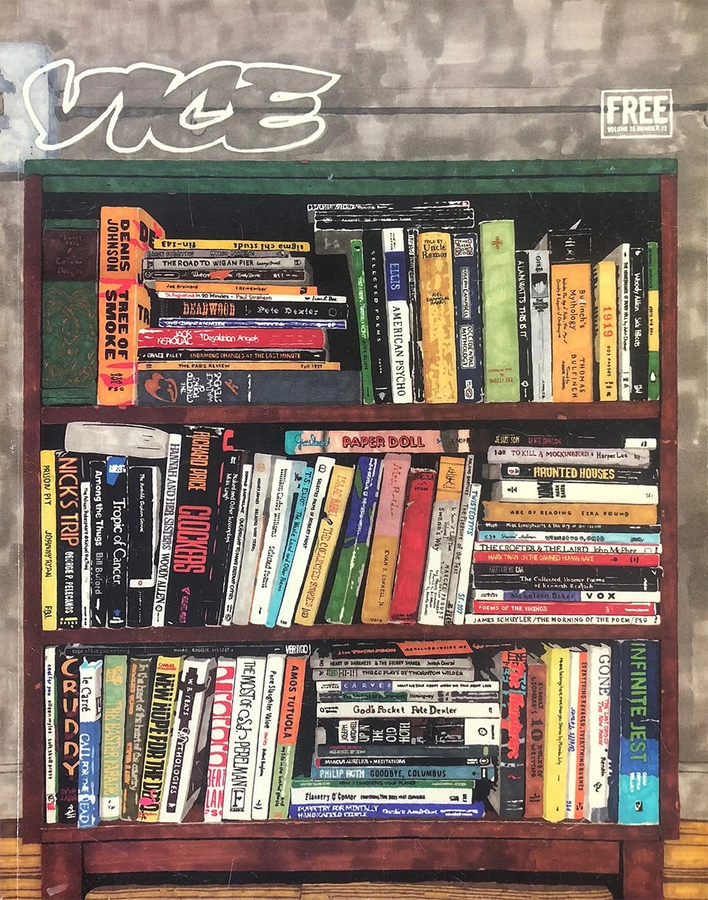 Hollis Brown Thornton commissioned artwork for VICE, depicting a bookshelf filled with books and printed material beneath the VICE logo.