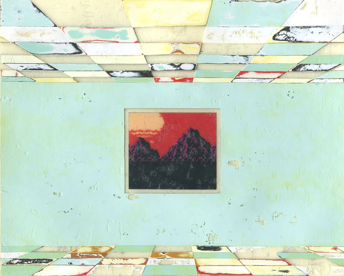 Hollis Brown Thornton painting of an empty pale green interior with colorful tiled floor and ceiling and a framed mountainous landscape beneath a red sky.