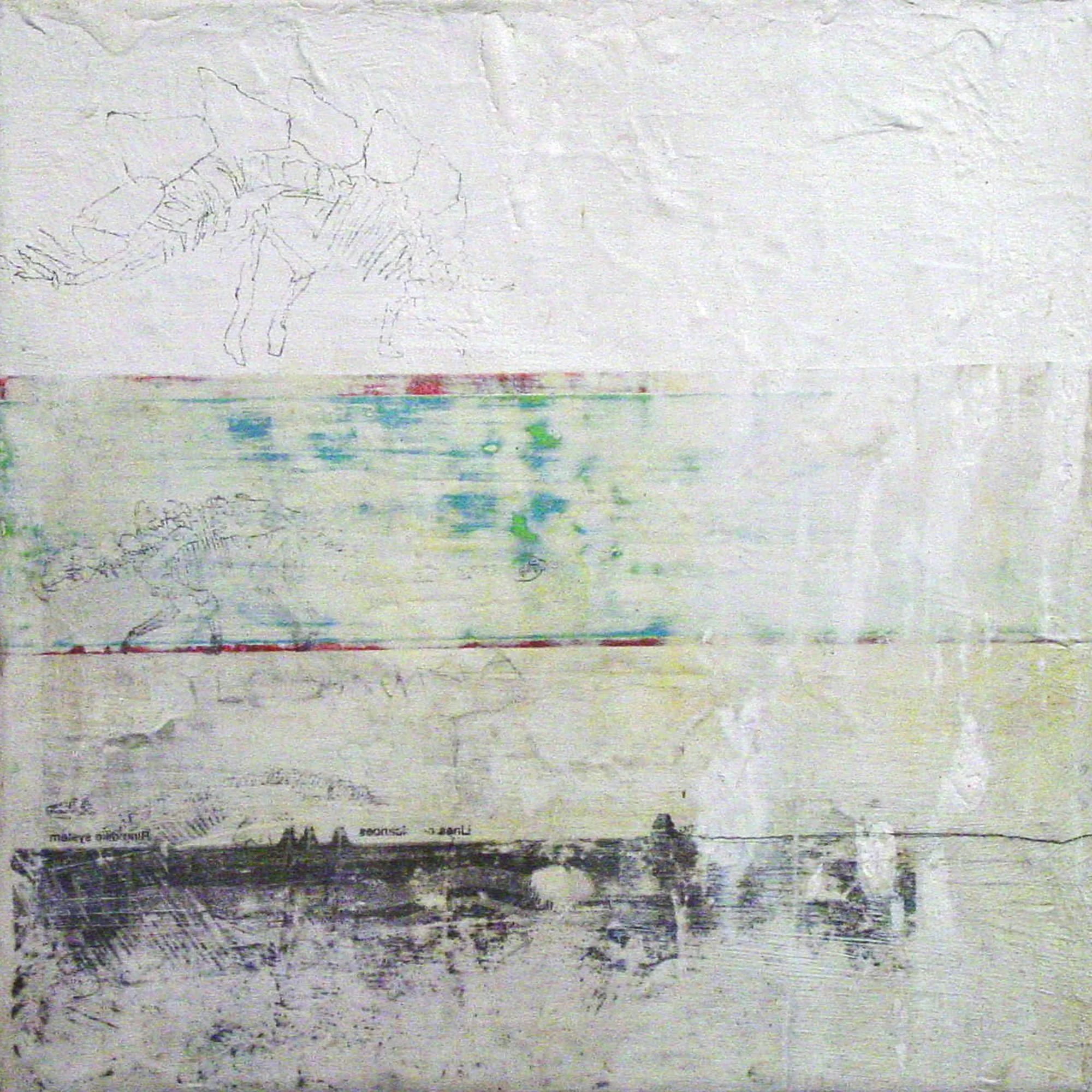  Geology Daily Update  — acrylic, graphite, pigment transfer on canvas, 10 x 10 inches, 2001