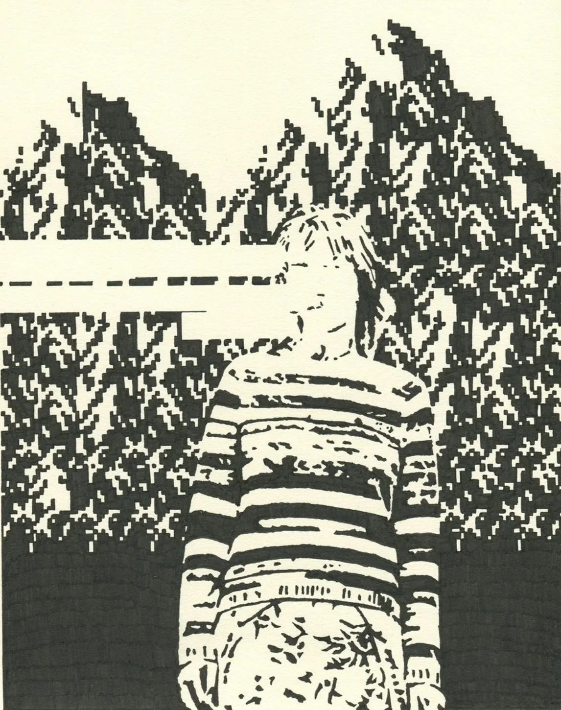 Hollis Brown Thornton black-and-white drawing of an erased child in a striped sweater standing in front of dense trees.
