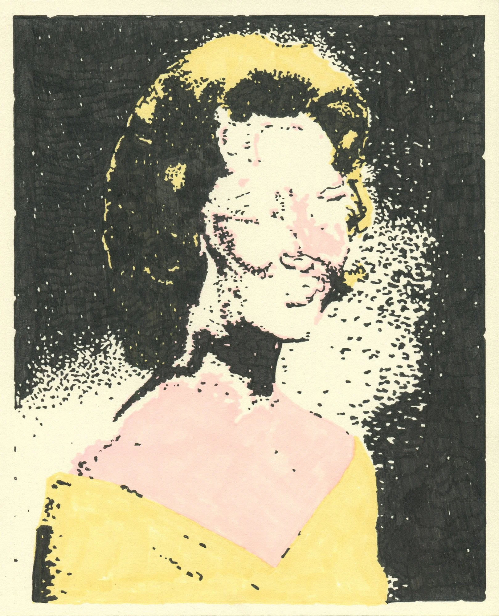 Portrait drawing of a young woman in a yellow dress with dark hair and an obscured face. Pale pink, yellow, and black marker on textured paper, with a heavily stippled black background.