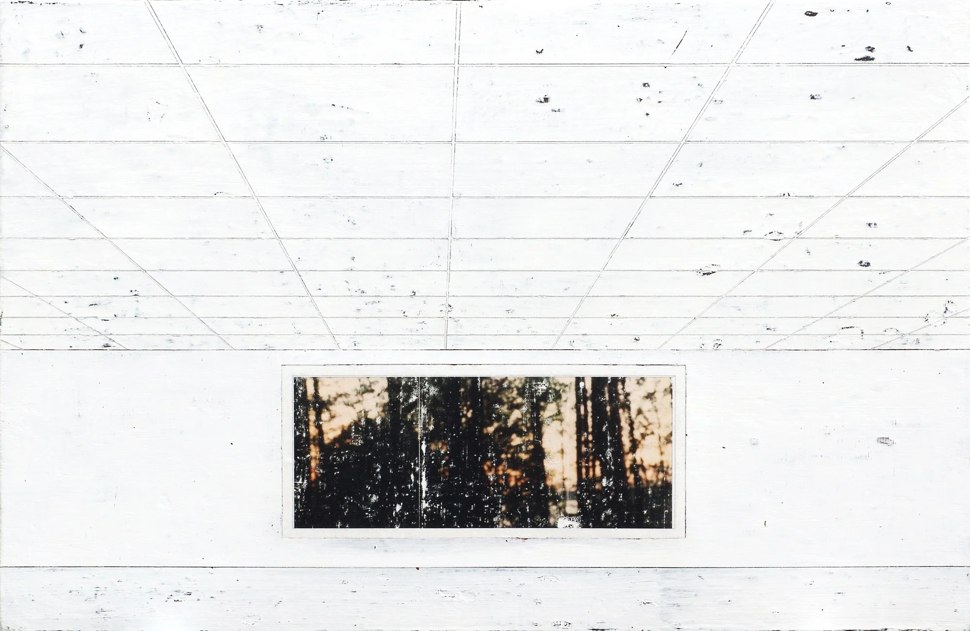 Hollis Brown Thornton painting of an empty white interior with a gridded ceiling and a large framed image of a dark wooded landscape centered on the wall.