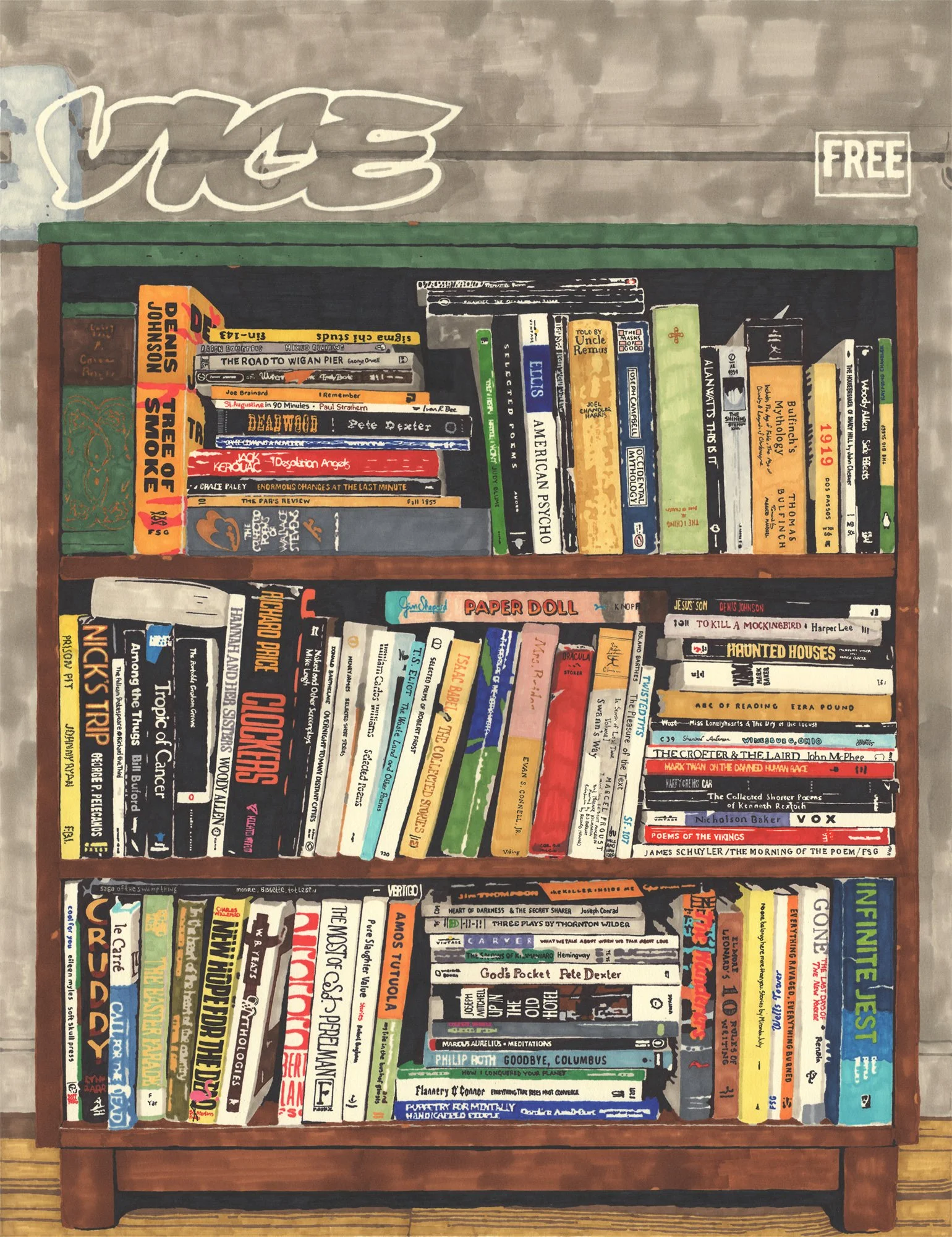 Hollis Brown Thornton illustration for Vice Magazine's 2009 Fiction Issue depicting a bookshelf filled with books and VHS tapes.