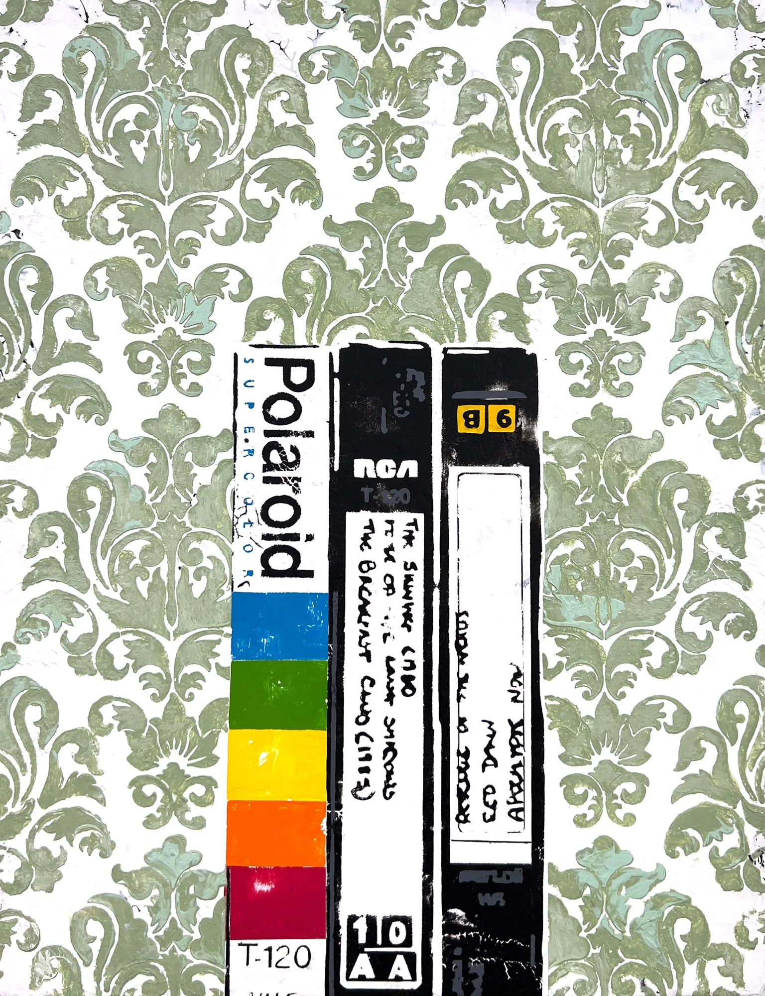 Painting of three upright VHS tape spines against a repeating pale green floral wallpaper pattern, including a Polaroid tape with blue, green, yellow, orange, and red bands.