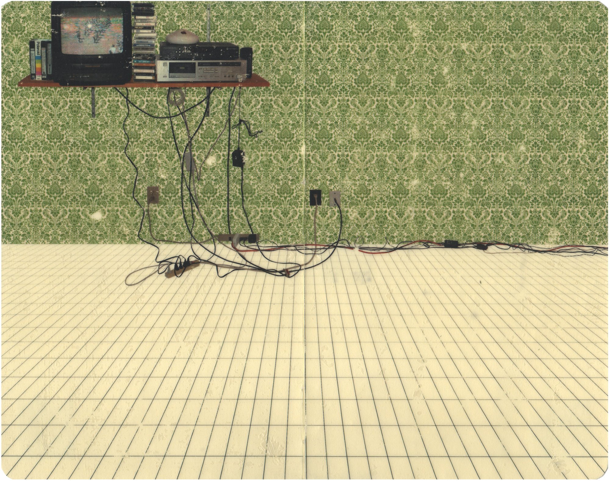 Pigment transfer of an empty room with green patterned wallpaper, a wall-mounted television and stereo equipment, and tangled electrical cords stretching across a gridded floor.