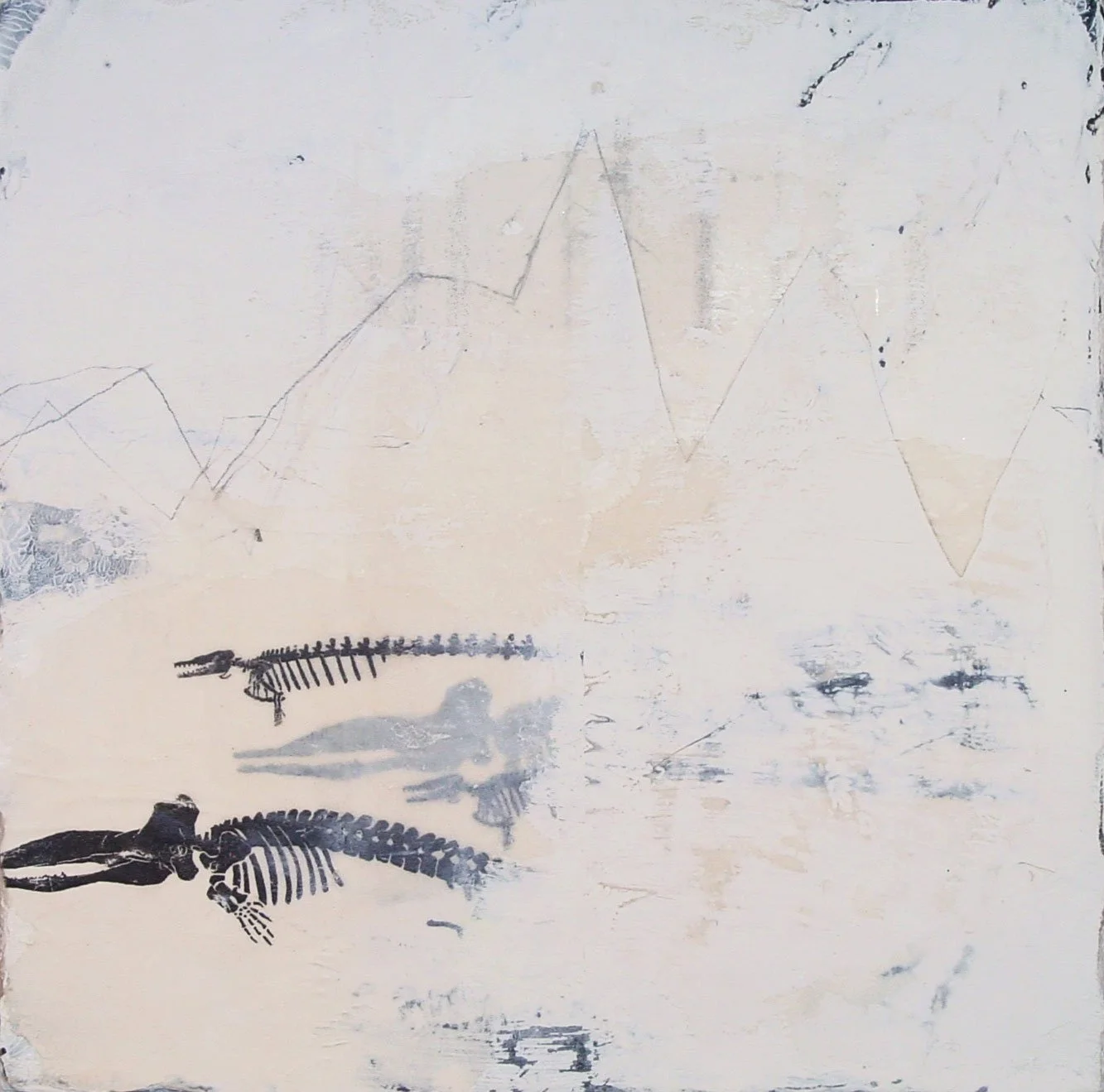 Painting by Hollis Brown Thornton depicting a pale, partially erased landscape with faint mountain outlines and skeletal animal forms emerging from the lower left.