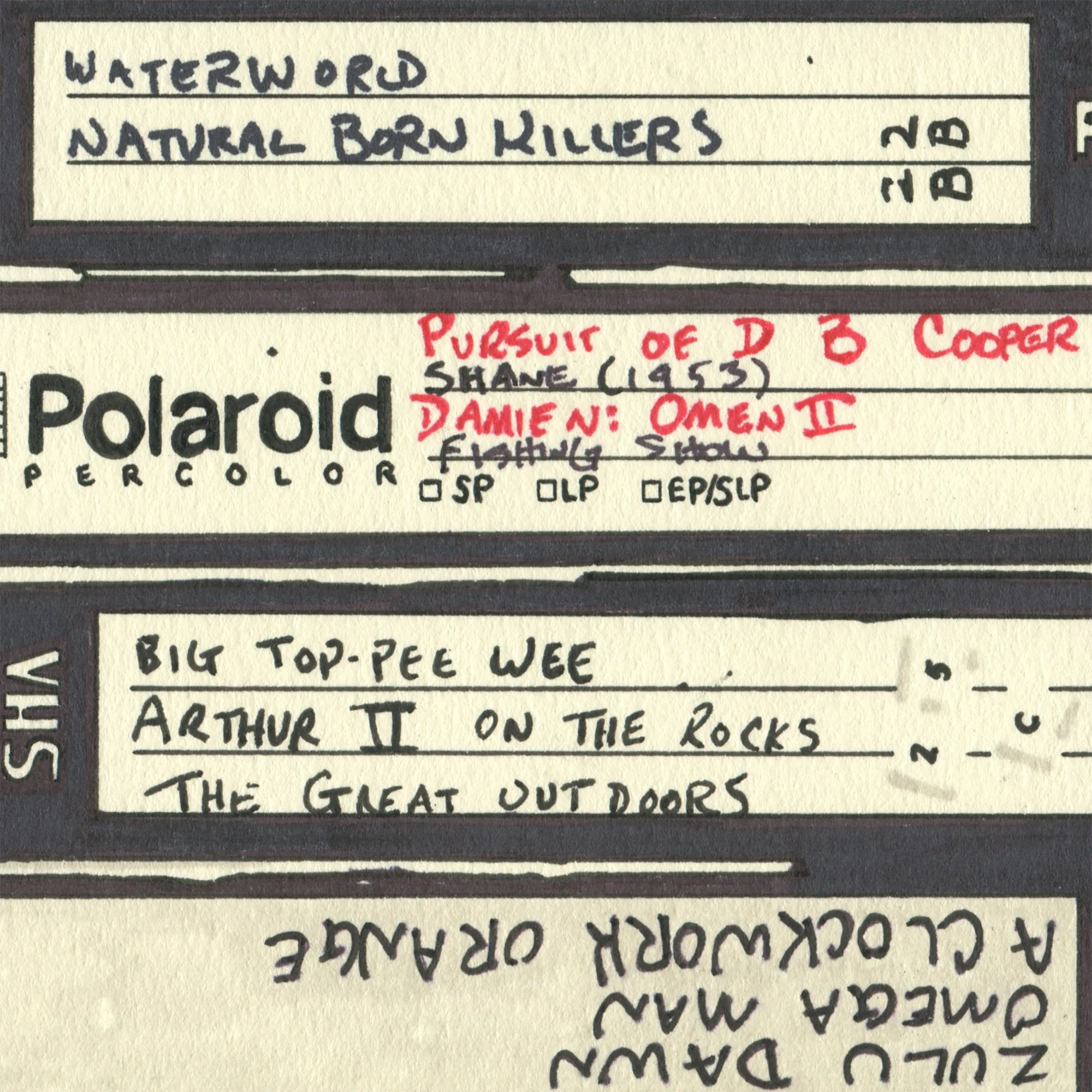 Detail of the drawing showing stacked VHS tape spines with handwritten labels and Polaroid branding, rendered in permanent marker on paper.