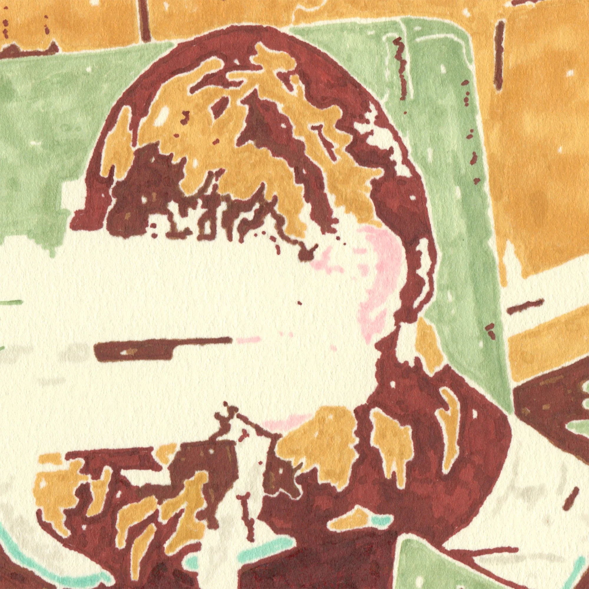 Detail of contemporary figurative drawing of a seated child with an erased face, rendered in muted green, ochre, brown, and pink, exploring childhood, memory, and absence.