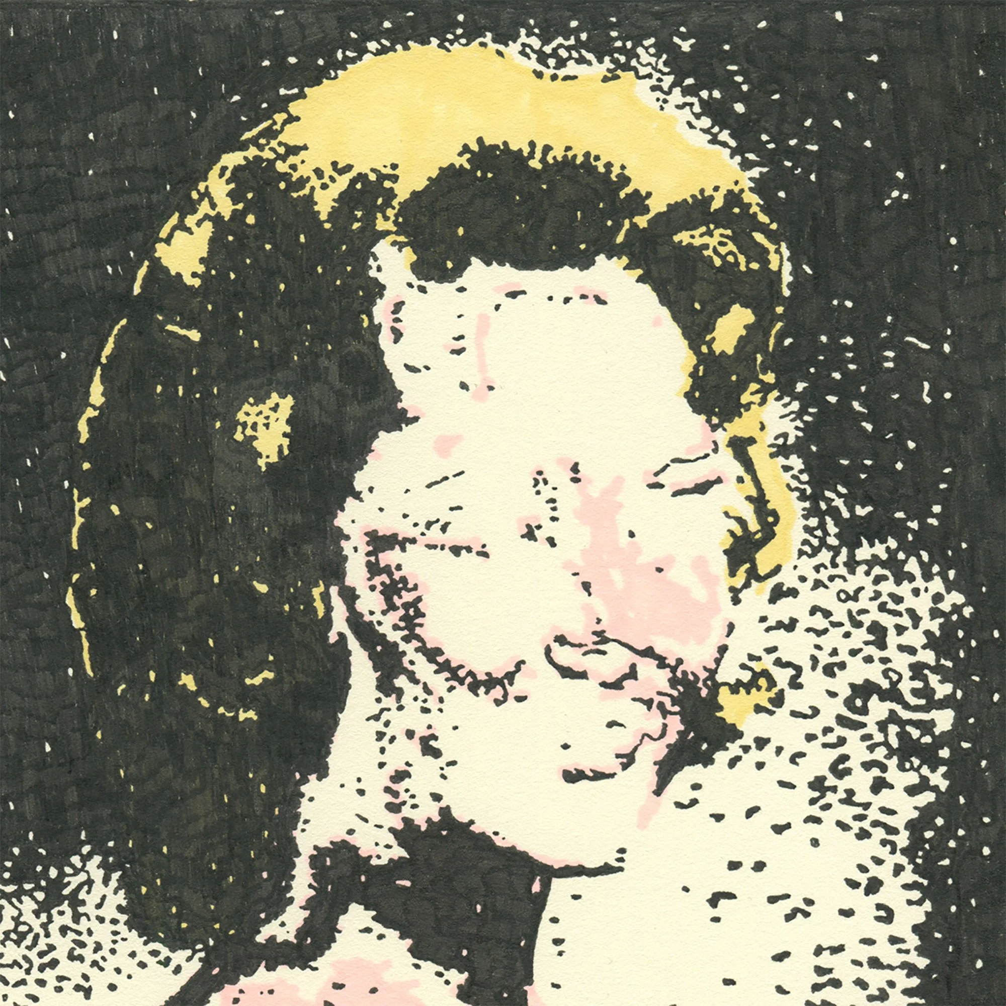 Detail of portrait drawing of a young woman in a yellow dress with dark hair and an obscured face. Pale pink, yellow, and black marker on textured paper, with a heavily stippled black background.