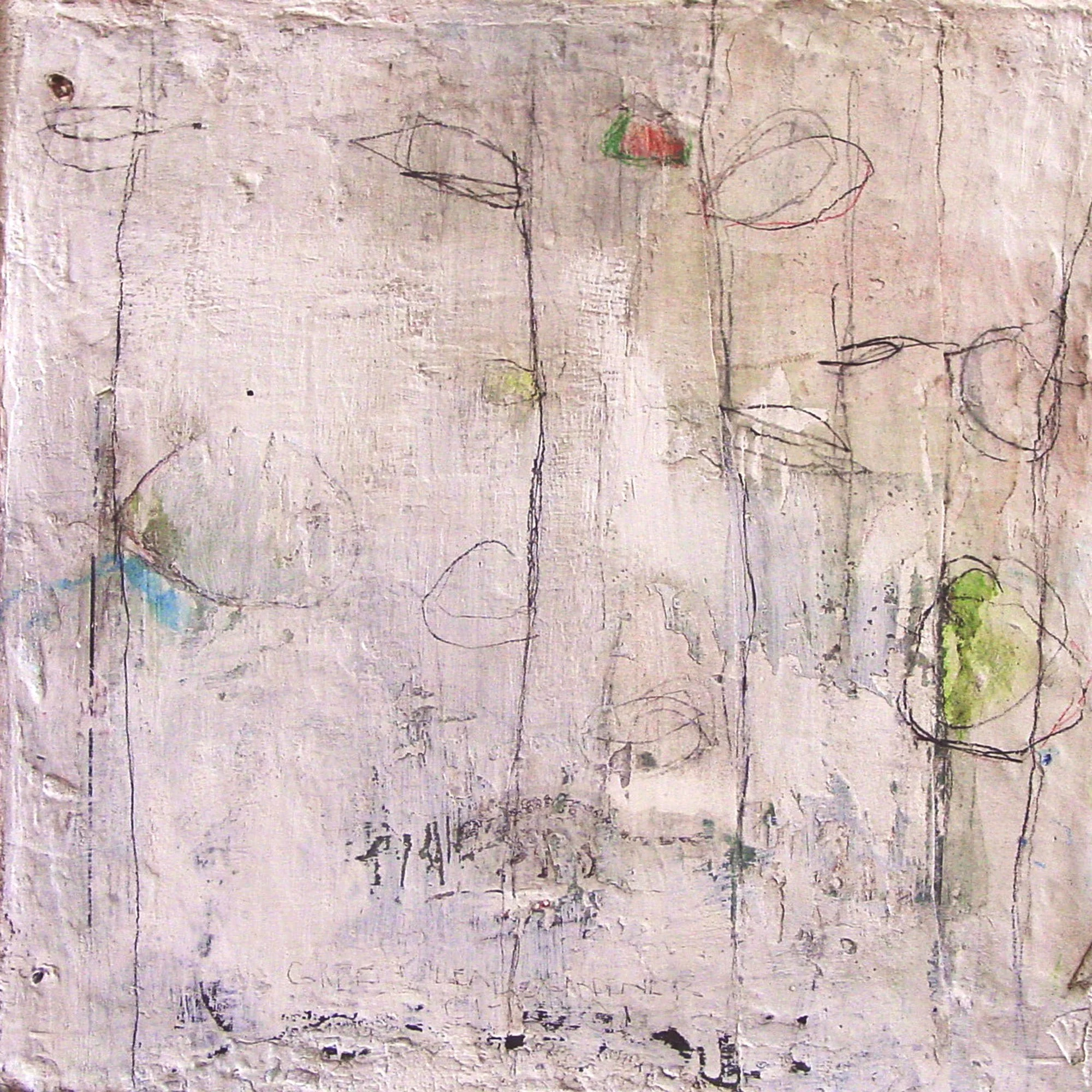  Green Leaves Gardener  — acrylic, graphite, pigment transfer on canvas, 10 x 10 inches, 2002