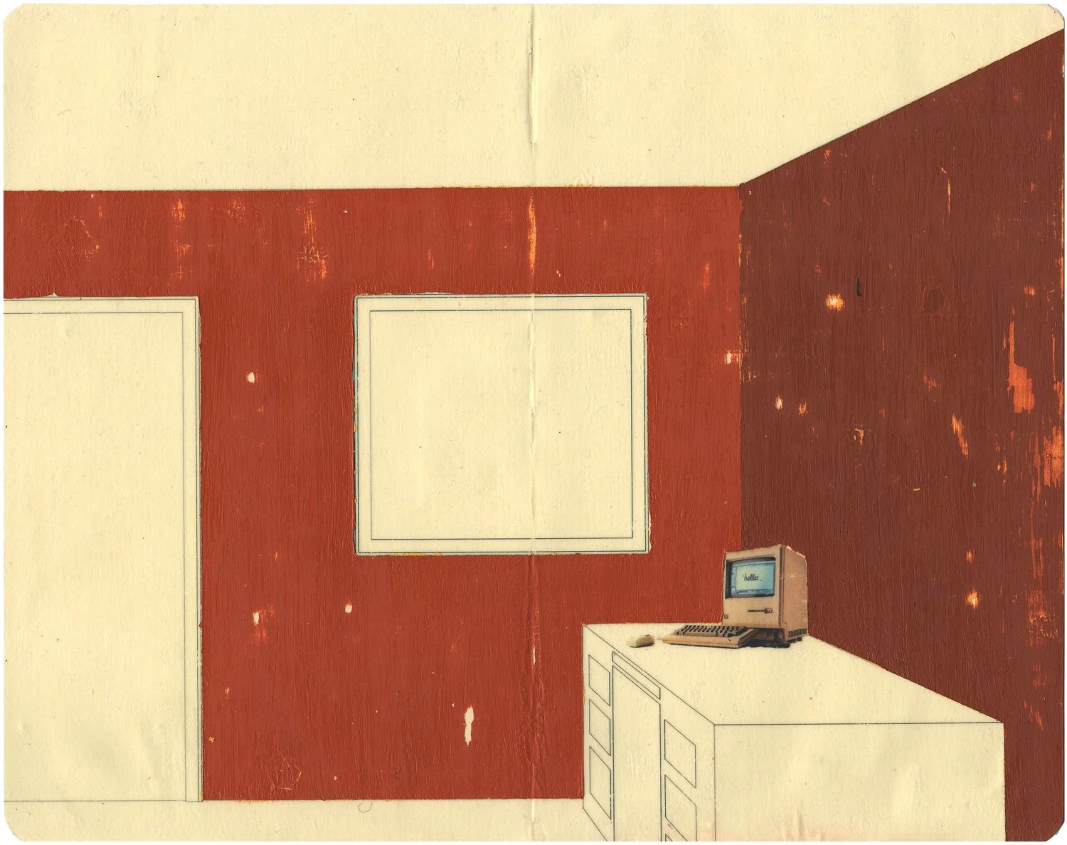 Hollis Brown Thornton painting of an empty red interior with a vintage Macintosh computer on a desk, blank framed wall space, and a partially visible doorway.