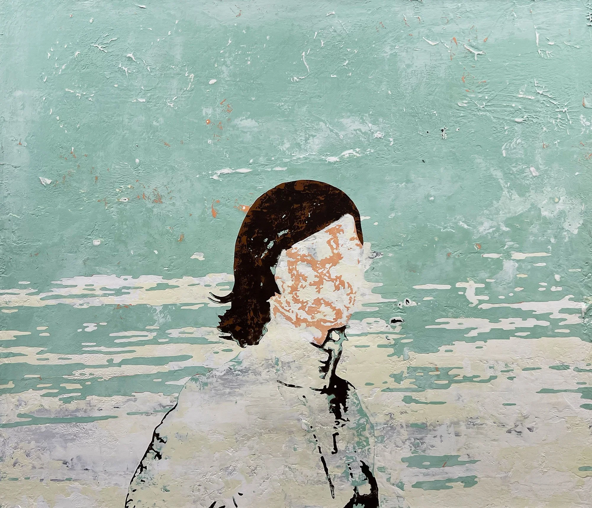 Hollis Brown Thornton painting of an erased child in profile against a pale blue and white textured background.