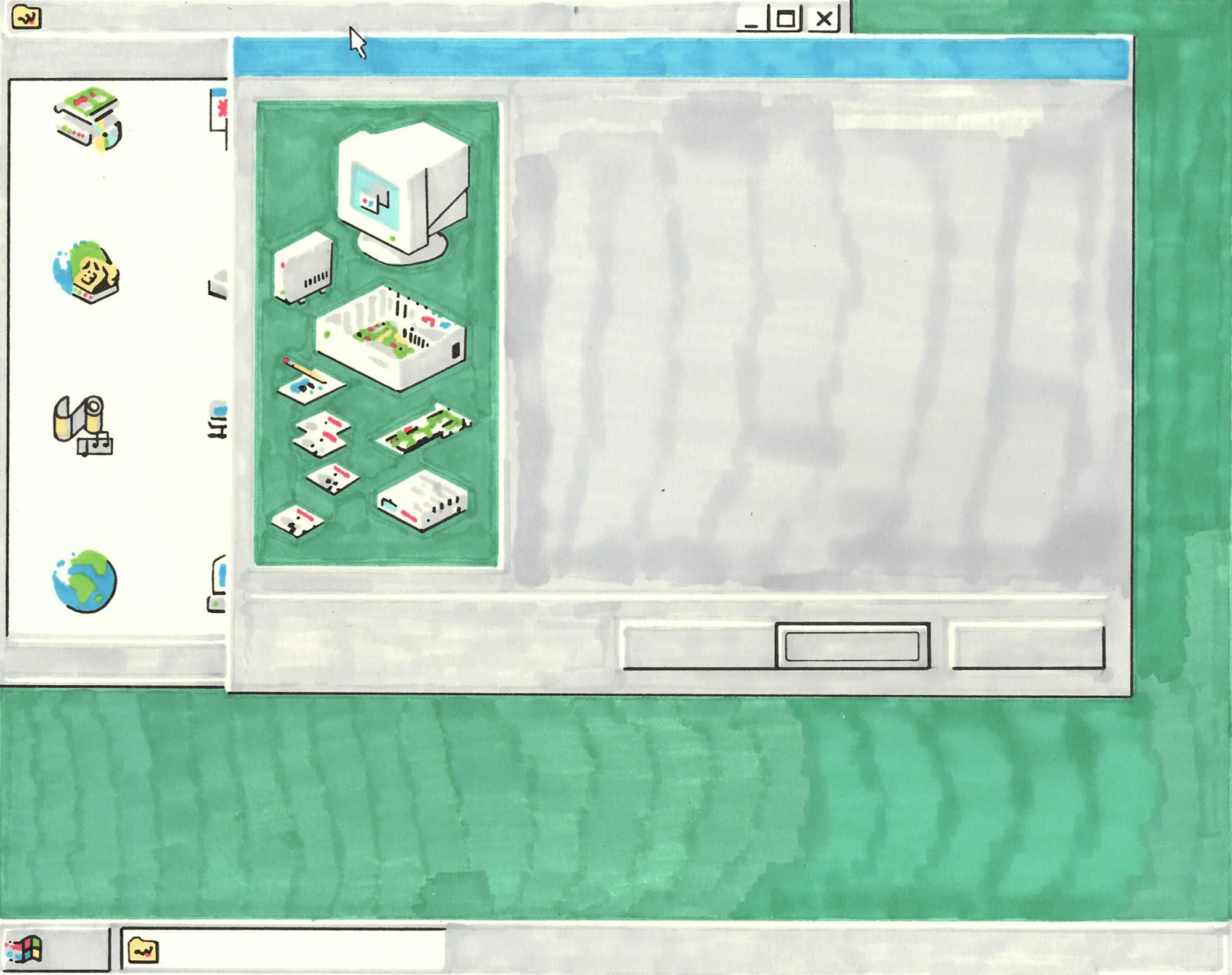 Permanent marker drawing by Hollis Brown Thornton depicting a Windows 95 desktop with overlapping software windows, computer icons, disks, and an early personal computer interface.