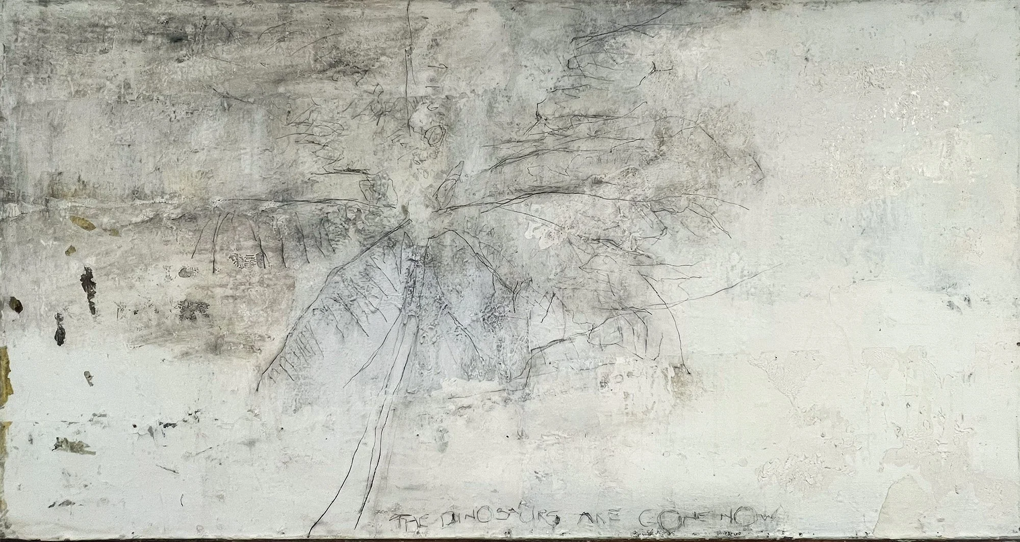  The Dinosaurs Are Gone Now  — acrylic, graphite on canvas with attached wood panel, 36 x 70 inches, 2001