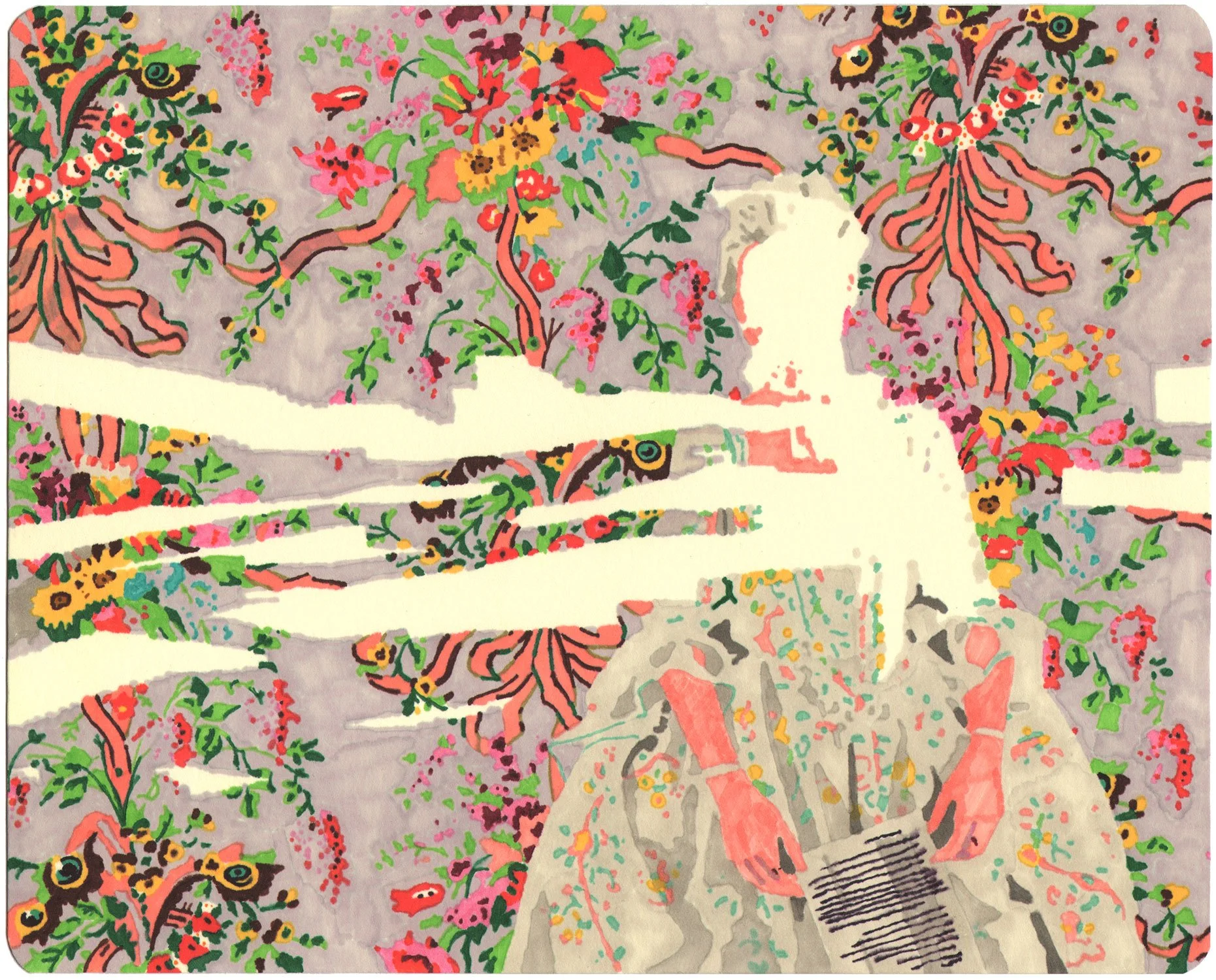 Hollis Brown Thornton drawing of an erased seated figure against an ornate floral pattern, with bands of white obscuring the figure and surrounding imagery.