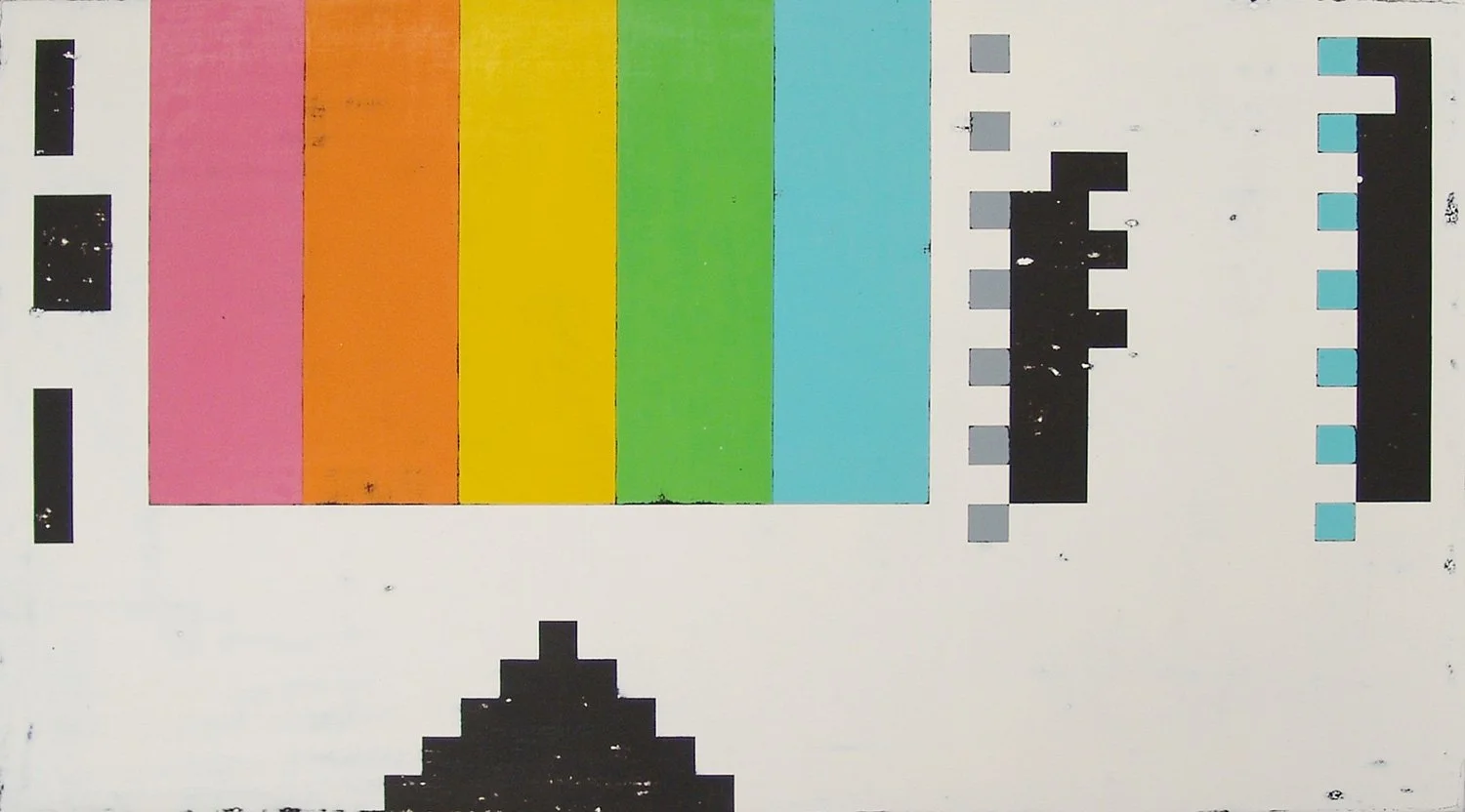 Painting depicting an abstracted VHS tape label with vertical pink, orange, yellow, green, and blue color bars, black geometric shapes, and gray details on a pale background.