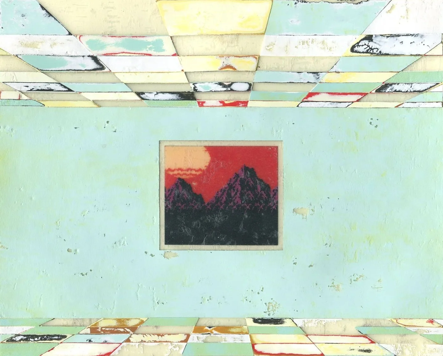 Empty pale green room with colorful tiled floor and ceiling and a framed red and black mountain image centered on the wall.