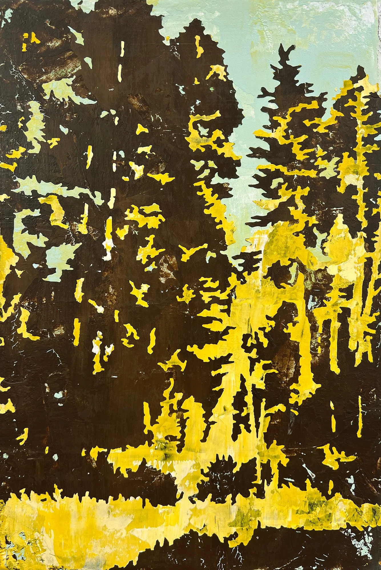 Acrylic painting of dense trees rendered in dark brown, yellow, and pale blue-green, by Hollis Brown Thornton.