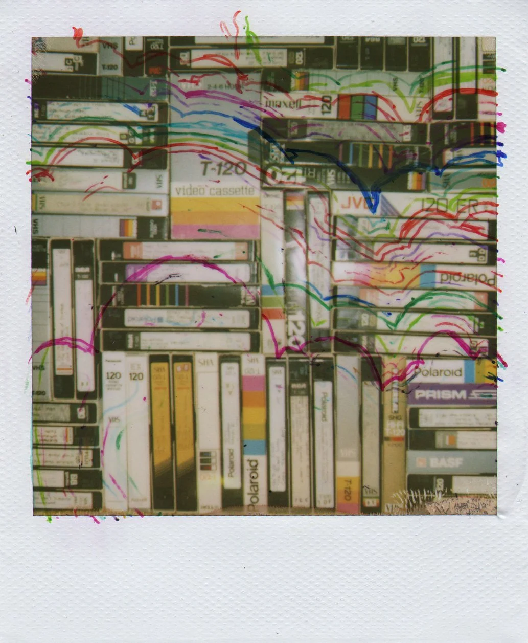 Hollis Brown Thornton artwork depicting a collection of VHS tapes layered with colorful drawn lines and marks.