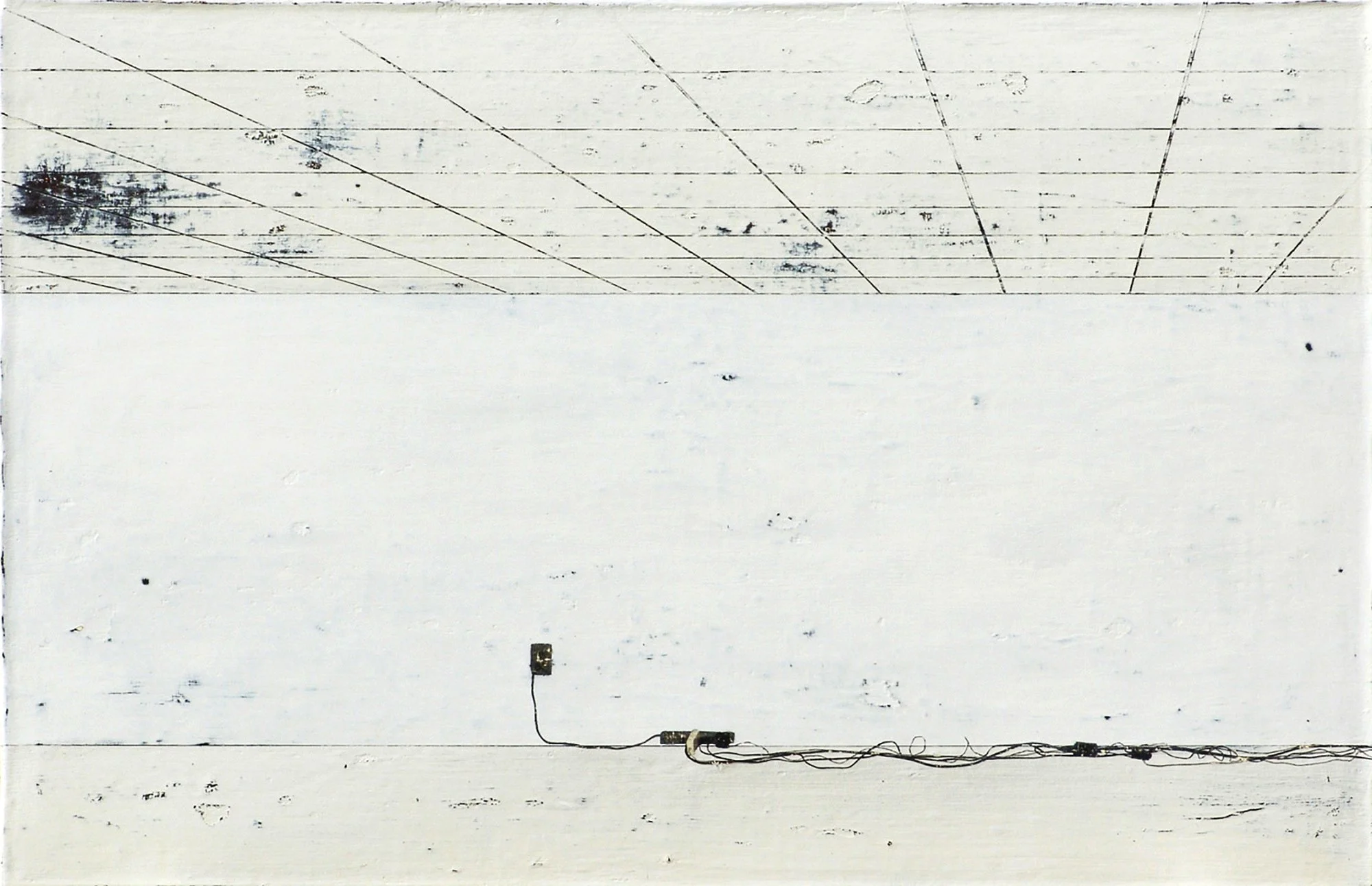 Hollis Brown Thornton painting of an empty white interior with a gridded ceiling and a line of tangled electrical cords running along the base of the wall.
