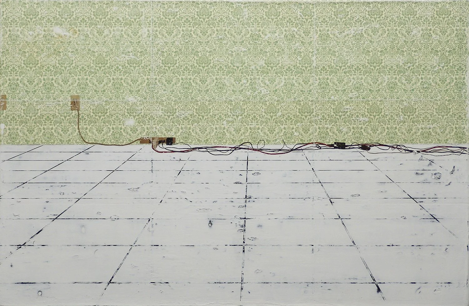 Hollis Brown Thornton painting of an empty interior with green patterned wallpaper, a worn white tiled floor, and tangled electrical cords running along the base of the wall.