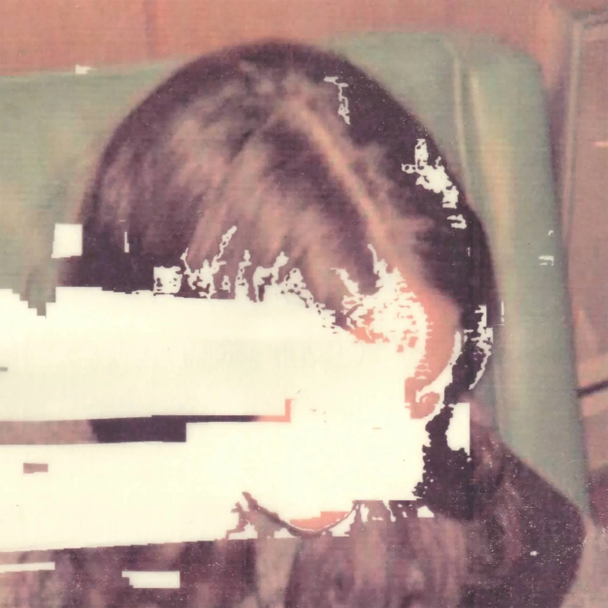 Detail of the pigment transfer showing a child seated in a chair, with the face obscured by horizontal areas of erasure.