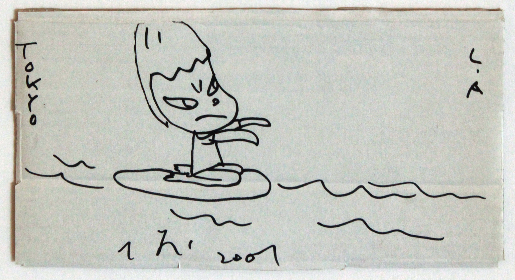 Yoshitomo Nara Lot of Two Untitled (Tokyo/LA), 2007 Sharpie on cardboard Signed and dated on recto Sheet: 5 x 9.25 inches; Framed: 13 x 17 inches Provenance: gifted directly from the Artist to current owner, Kirsten Biller Too Young To Die , 2002 Ceramic ashtray Printed signature on base Image: 10 inches in diameter