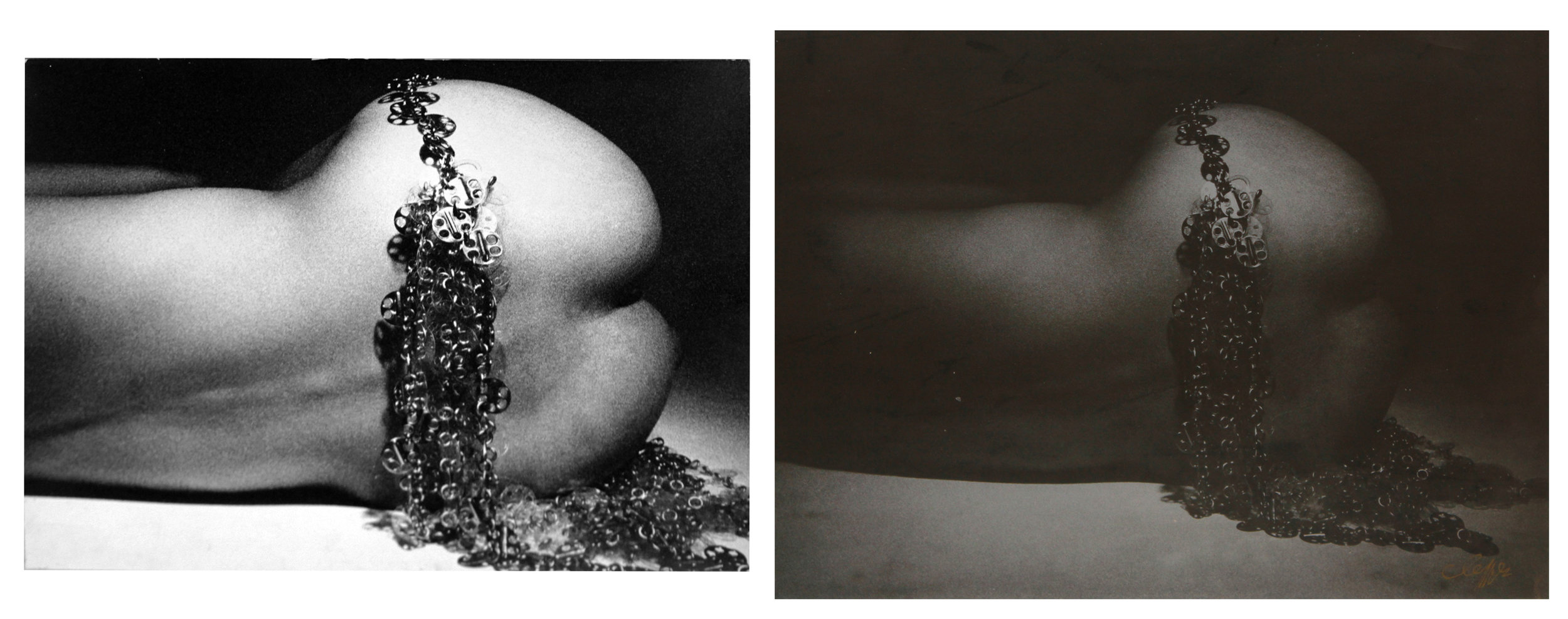 Lot 107 Jean Clemmer (1926-2001) Lot of Two Untitled (Nu avec accessoires Paco Rabanne), c. 1960’s Vintage gelatin silver print Signed in ink on recto and on verso Sheet: 11.25 x 15 inches; Framed: 18.5 x 22.25 inches Condition: handling creases Vintage print Unsigned; drawing by Clemmer on verso Sheet: 9.5 x 11.75 inches; Mat: 15.75 x 19.75 inches Condition: handling creases, one bent corner