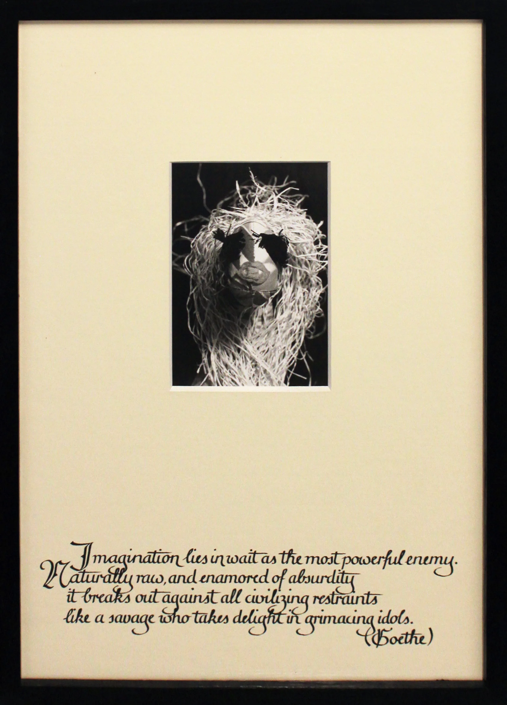 Lot 114 Mike Kelley (1954-2012) Untitled (Goethe Quote), 1992 Photograph and screen-printed text on mat, in original frame From the roman numeral AP edition of 20, aside from the numbered edition of 60 Signed and numbered in ink on Parkett label on verso Image: 8 x 5.5 inches; Framed: 25.25 x 17.5 inches Notes: Certificate of Authenticity included Provenance: Patrick Painter Gallery, Santa Monica, CA, tag on verso with Certificate of Authenticity from Patrick Painter Gallery