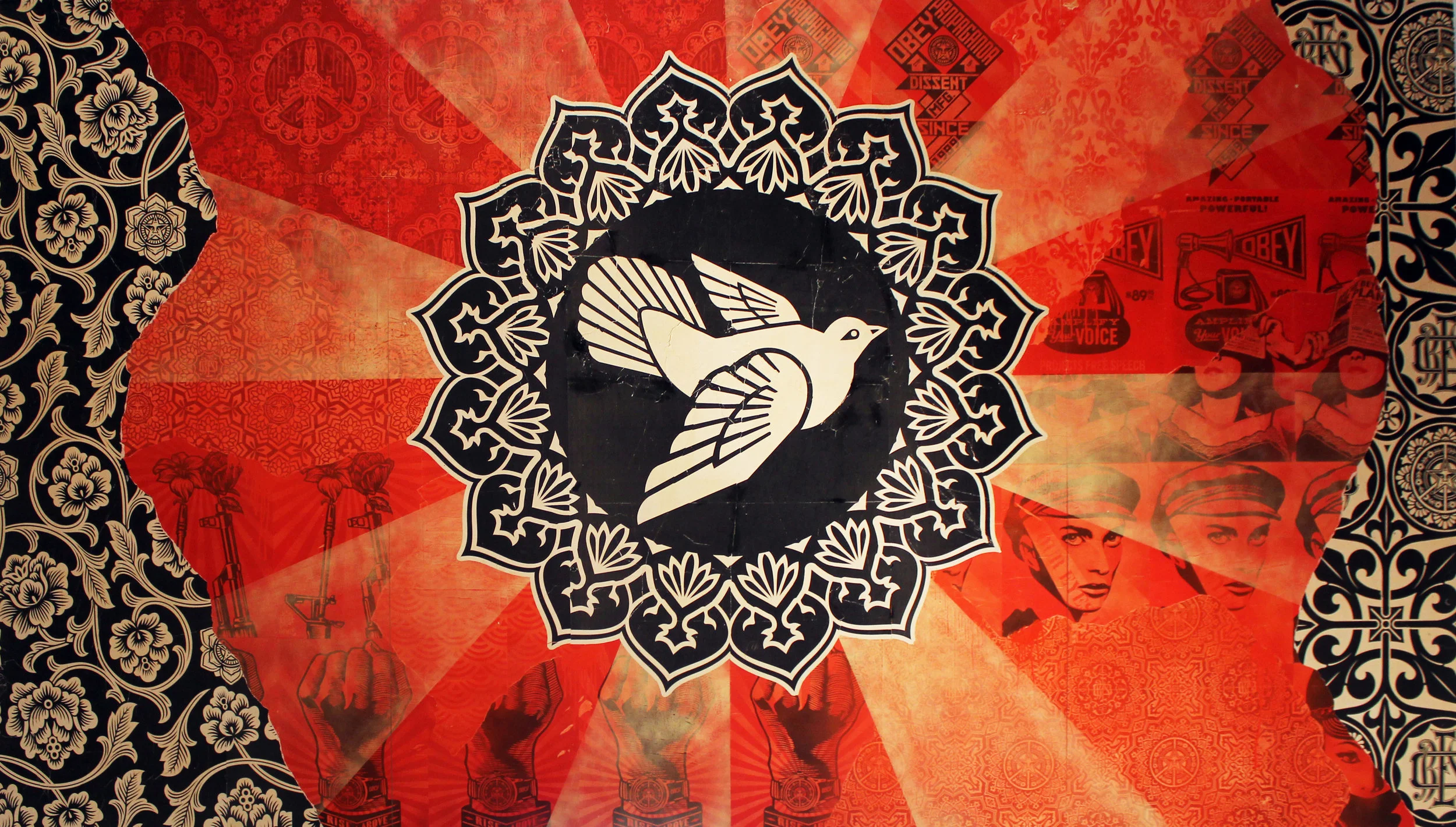 SIDE TWO Shepard Fairey Peace Goddess Mural , 2011 Mixed media on double-sided, three-part, on wood panel. Peace Goddess image on front, Dove image on the reverse Unsigned 8 feet x 14 feet Provenance: produced for indoor exhibition at Merchandise Mart Chicago, IL, 2011 Estimate: $25,000/$35,000