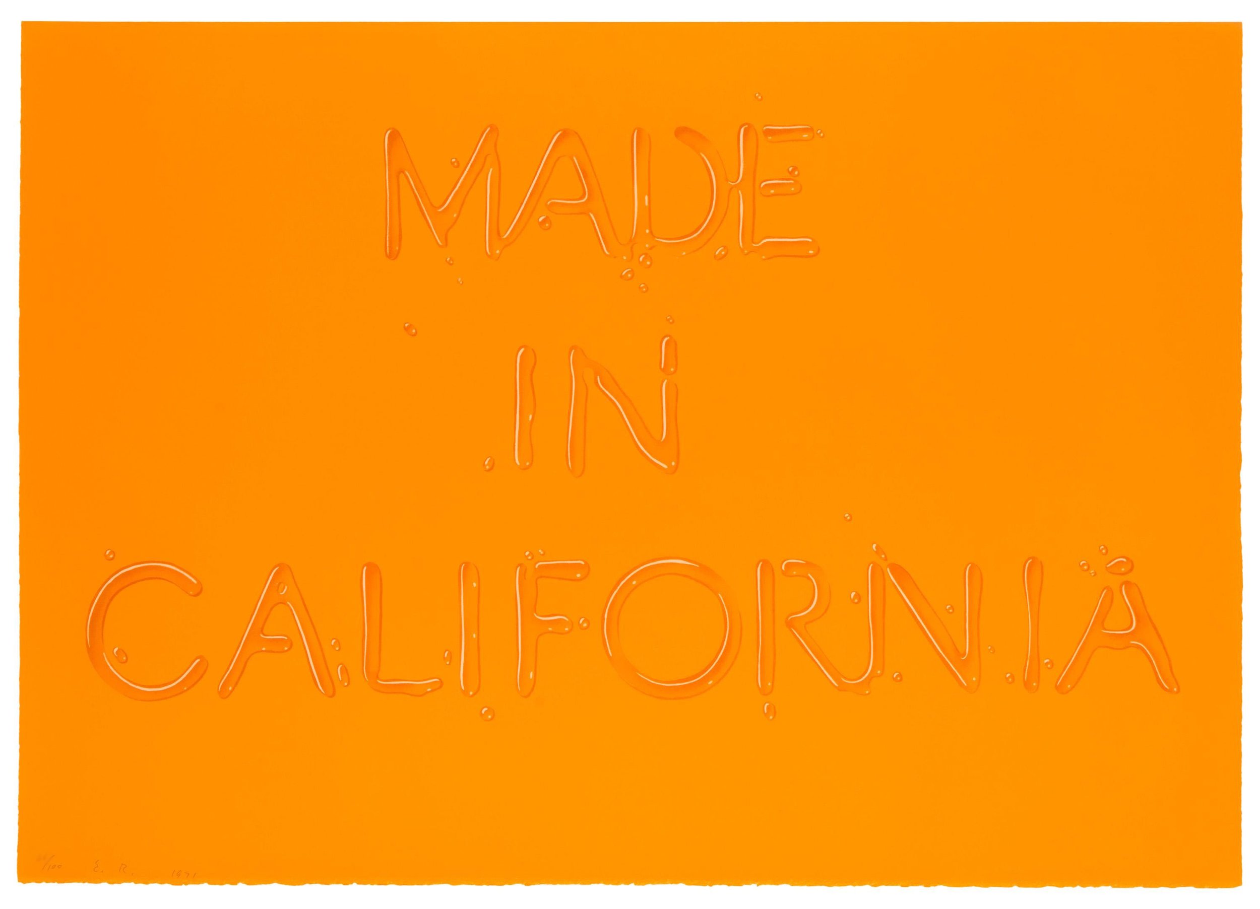  Ed Ruscha  (Born 1937)  Made in California, 1971  Lithograph  From the numbered edition of 100  Initialed, dated and numbered in pencil on recto  Published by Grunewald Graphic Arts Foundation, University of California, Los Angeles; Printed by Cirru
