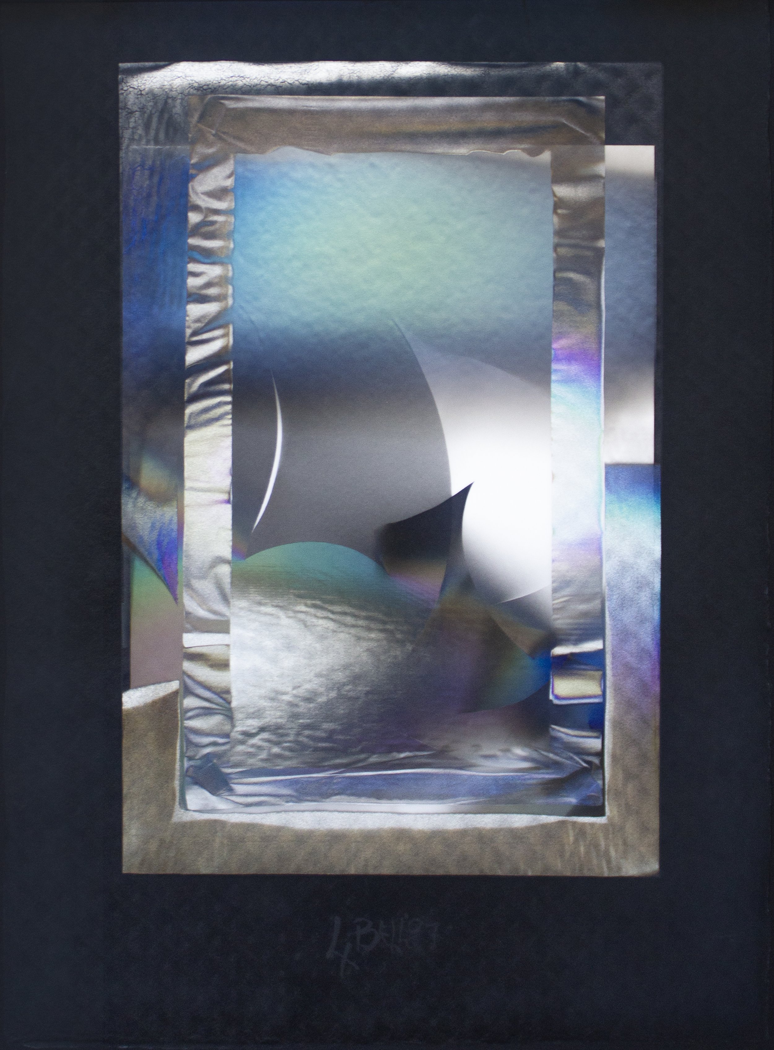  Larry Bell  (Born 1939)  Untitled, 2007  Aluminum and silicon monoxide on un-stretched canvas  Signed and dated on recto  Sheet: 39 x 28 inches; Framed: 42.75 x 32.25 x 5 inches  Estimate: $24,000/$28,000  Sold for: $30,480 including premium 