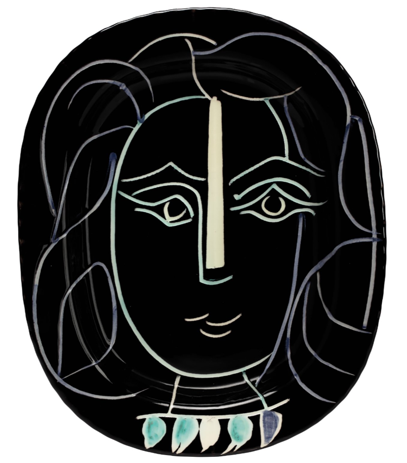  Pablo Picasso  (1881-1973)  Visage de femme  White earthenware ceramic plate, partially engraved, with colored englobe and glaze  From the edition of 400  Stamped and marked ‘Edition Picasso/Madoura Plein Feu/Edition Picasso/Madoura’ on underside  P