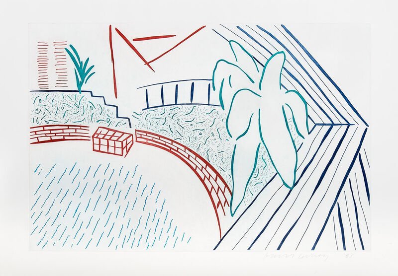  David Hockney  (Born 1937)  My Pool and Terrace, 1983  Color etching and aquatint on paper  From the numbered edition of 250  Image: 23.875 x 35.75 inches; Sheet: 29 x 42 inches; Framed: 39.25 x 52 inches  Estimate: $8,000/$12,000  Sold for: $22,860