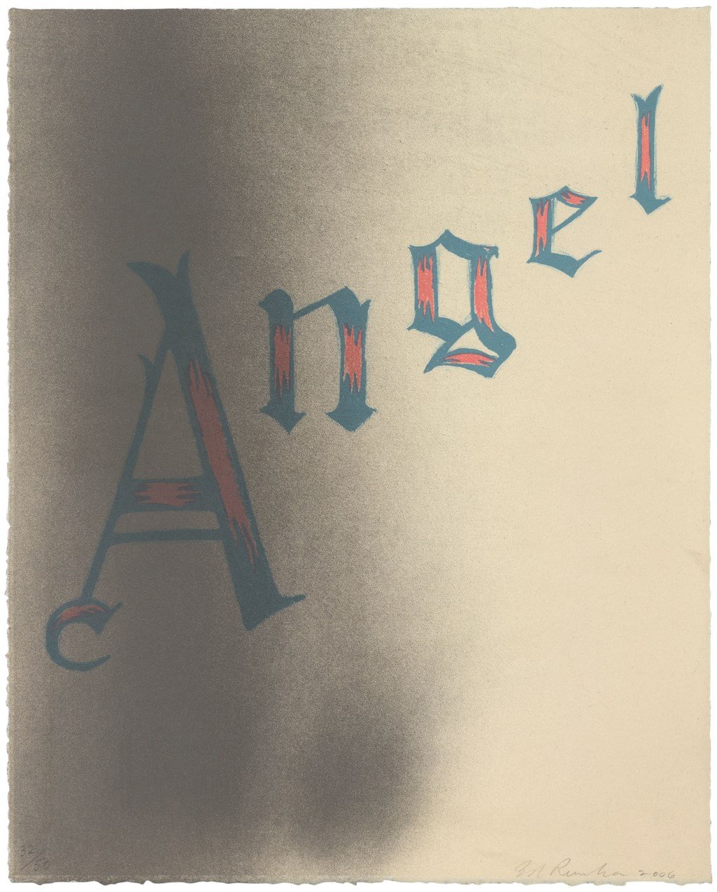  Ed Ruscha  (Born 1937)  Angel, 2006  Lithograph on Rives BFK wove paper  From the numbered edition of 50  Signed and dated in pencil on verso  Published by Tamarind Institute, Albuquerque, with blindstamp  Image: 20 x 16 inches; Framed: 28.5 x 24.5 