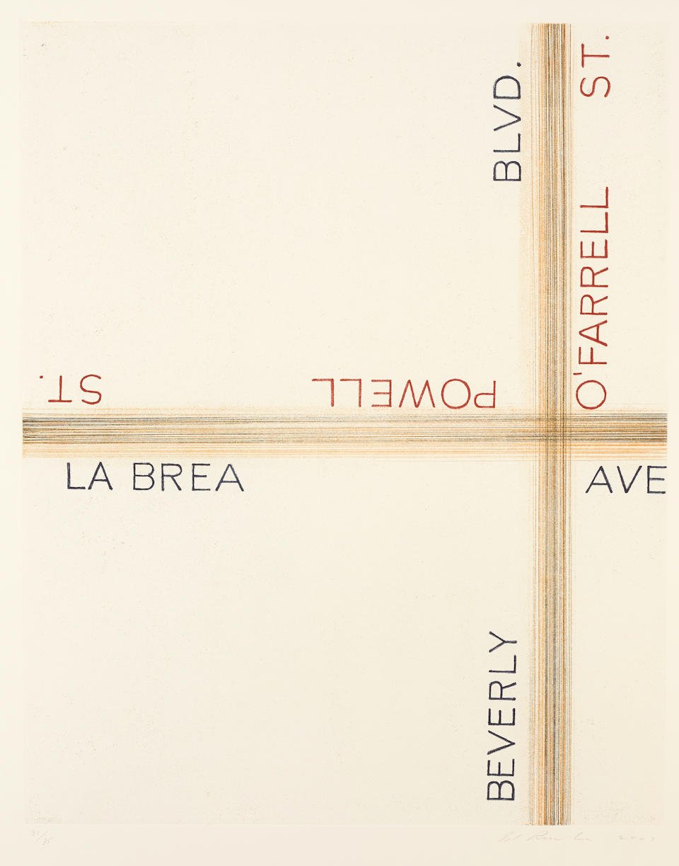  Ed Ruscha  (Born 1937)  La Brea, Beverly &amp; O’Farrell, 1999  Transfer Print  Published by Crown Point Press, San Francisco  Image: 30 x 24 inches; Sheet: 38 x 30 inches; Framed: 40.25 x 33.25 inches  Estimate: $6,000/$8,000  Sold for: $6,350 incl