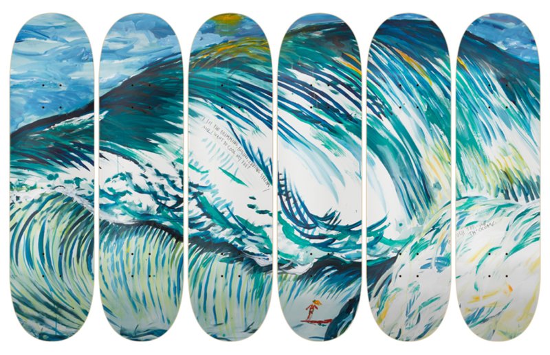  Raymond Pettibon  (Born 1957)  Untitled (I See The), 2019  Set of 6 Skateboard Decks; Made of 7 ply Grade A Canadian Maple wood; wall mount included  From the numbered edition of 50  Hand-signed on deck by Artist  Produced and numbered by the Skater