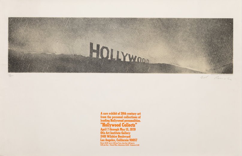  Ed Ruscha  (Born 1937)  Hollywood in the Rain, from Hollywood Collects, 1970  Offset lithograph in colors, on wove paper  From the numbered edition of 220  Signed and numbered in pencil on recto  Published by Otis Art Institute, Los Angeles, with ma