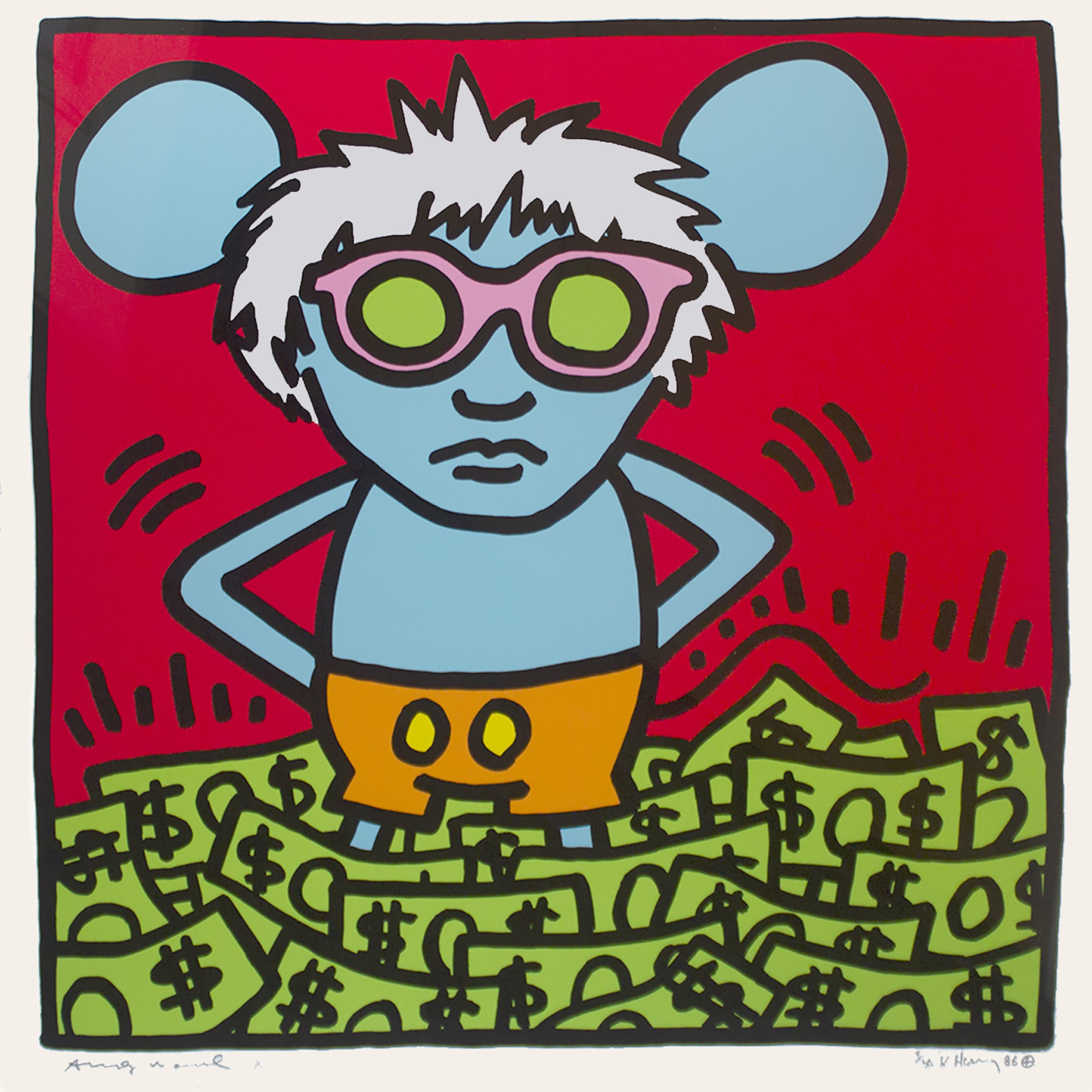  Keith Haring  (1958-1990)  Andy Mouse, An Homage to Andy Warhol, 1986  Silkscreen  From the numbered edition of 30  Signed by Keith Haring &amp; Andy Warhol in pencil on recto; Numbered in pencil on recto; Printer chop mark on recto  Printed by Rupe