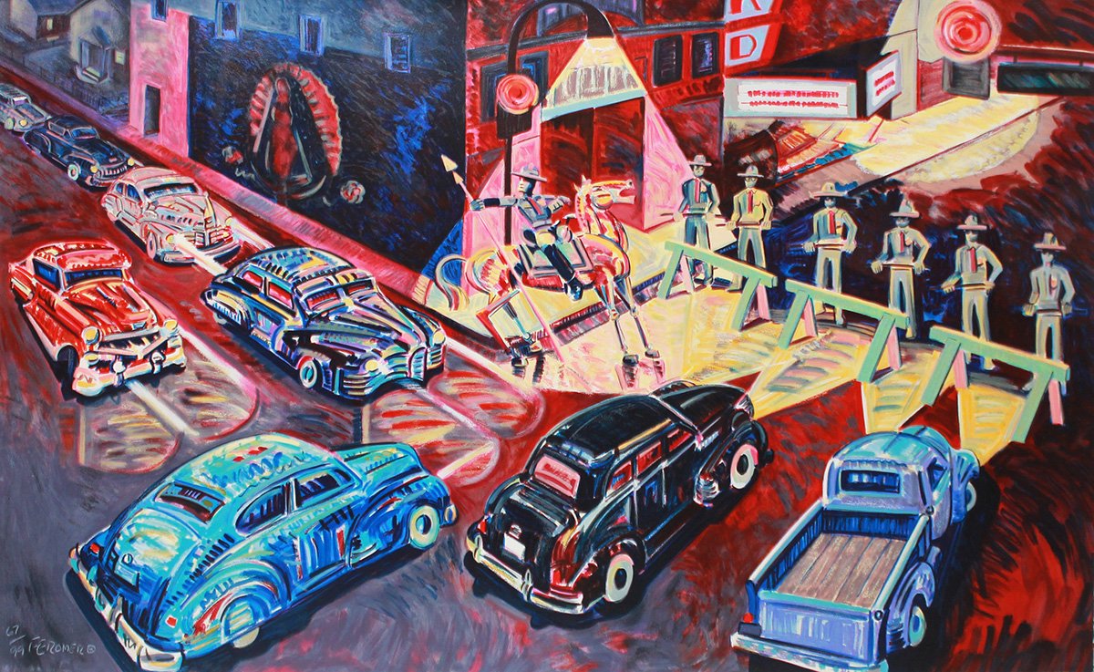  Frank Romero  (Born 1941)  The Closing of the Whittier Blvd., 1989  Silkscreen  From the numbered edition of 99  Signed and numbered on recto  Sheet: 34 x 54.5 inches; Unframed  Estimate: $3,000/$4,000  Sold for: $6,985 including premium 