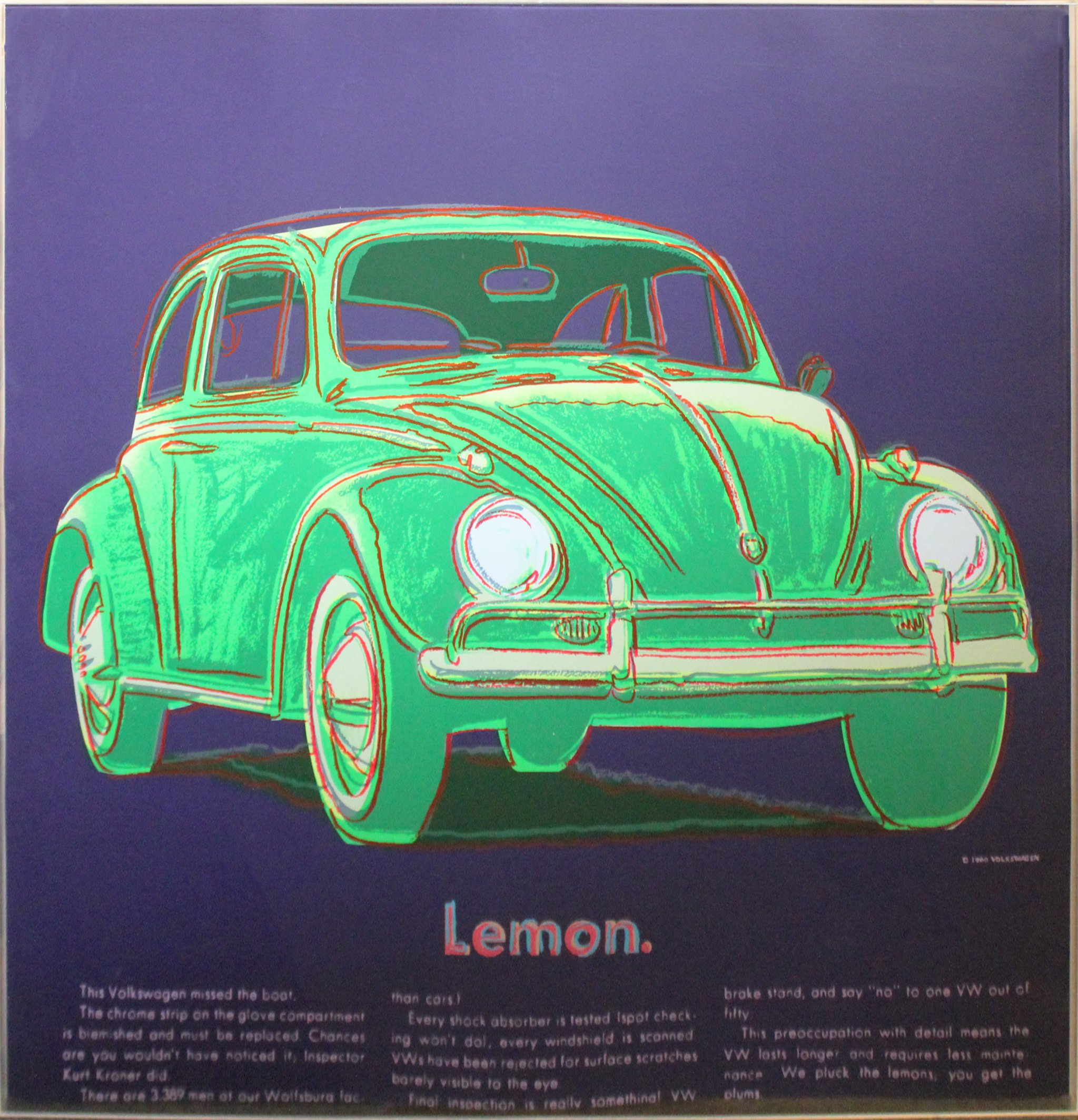  Andy Warhol  (1928-1987)   Volkswagen from ADS , 1985  Screenprint  From the numbered edition of 190  38 x 38 inches  Estimate: $60,000/$70,000  Sold for: $70,125 including premium 