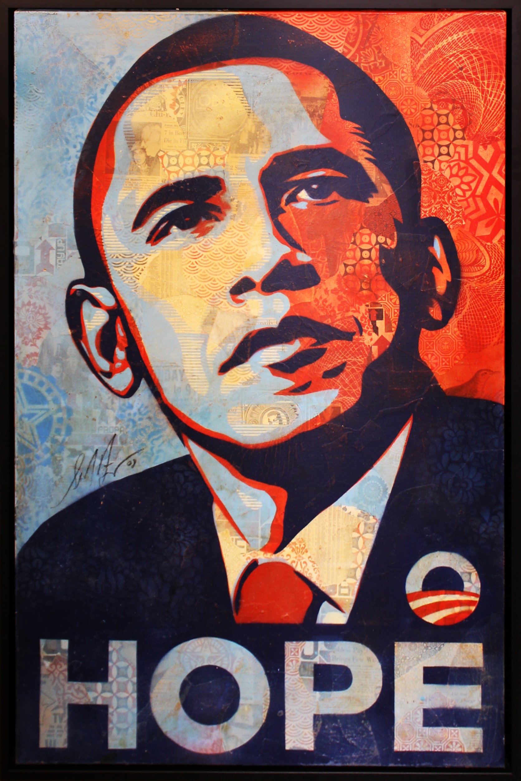  Shepard Fairey  (1970)   HOPE , 2008  Mixed-Media Stenciled Collage on canvas  Unique  Signed and dated on recto  Only canvas in this size  Image: 48 x 31 inches  Framed: 49 3/4 x 33 inches  Estimate: $1,000,000/1,200,000   Sold for: $1,200,000 incl