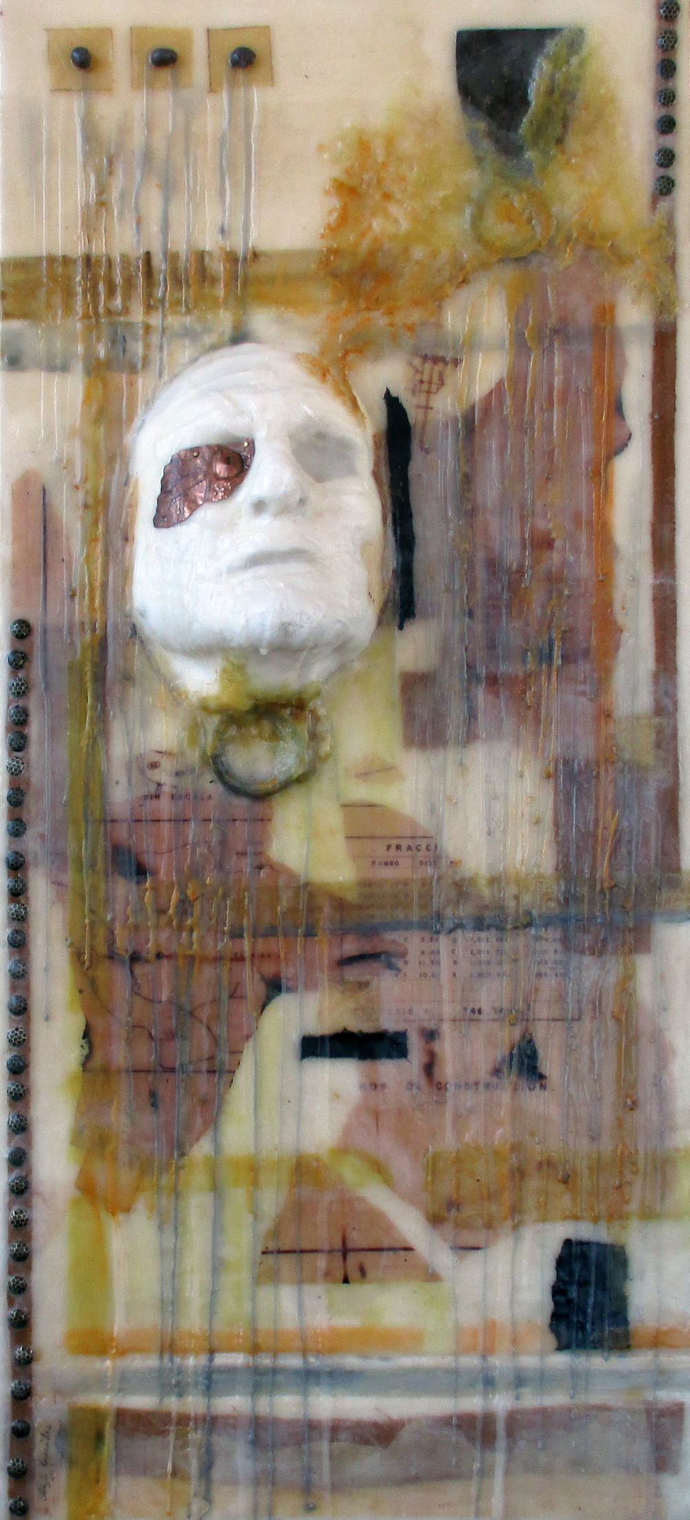 Angela Gonzalez.  ARQUISTA.  36 x 16 inches.  Bees wax, cloth, paper, metal on wood..jpg